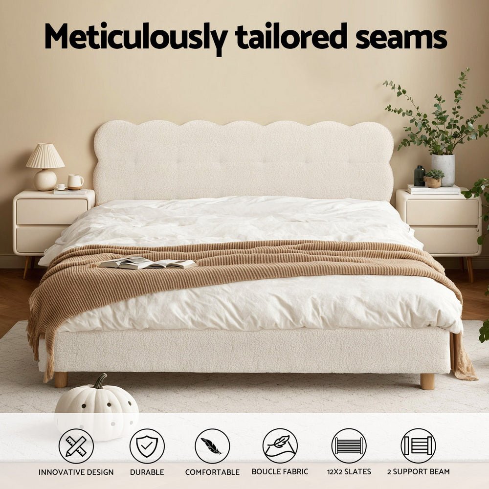 Double Bed Frame Cloud Headboard Boucle Fabric Mattress Platform Base White - Furniture > Bedroom > Beds & Bed Frames - Rivercity House & Home Co. (ABN 18 642 972 209) - Affordable Modern Furniture Australia