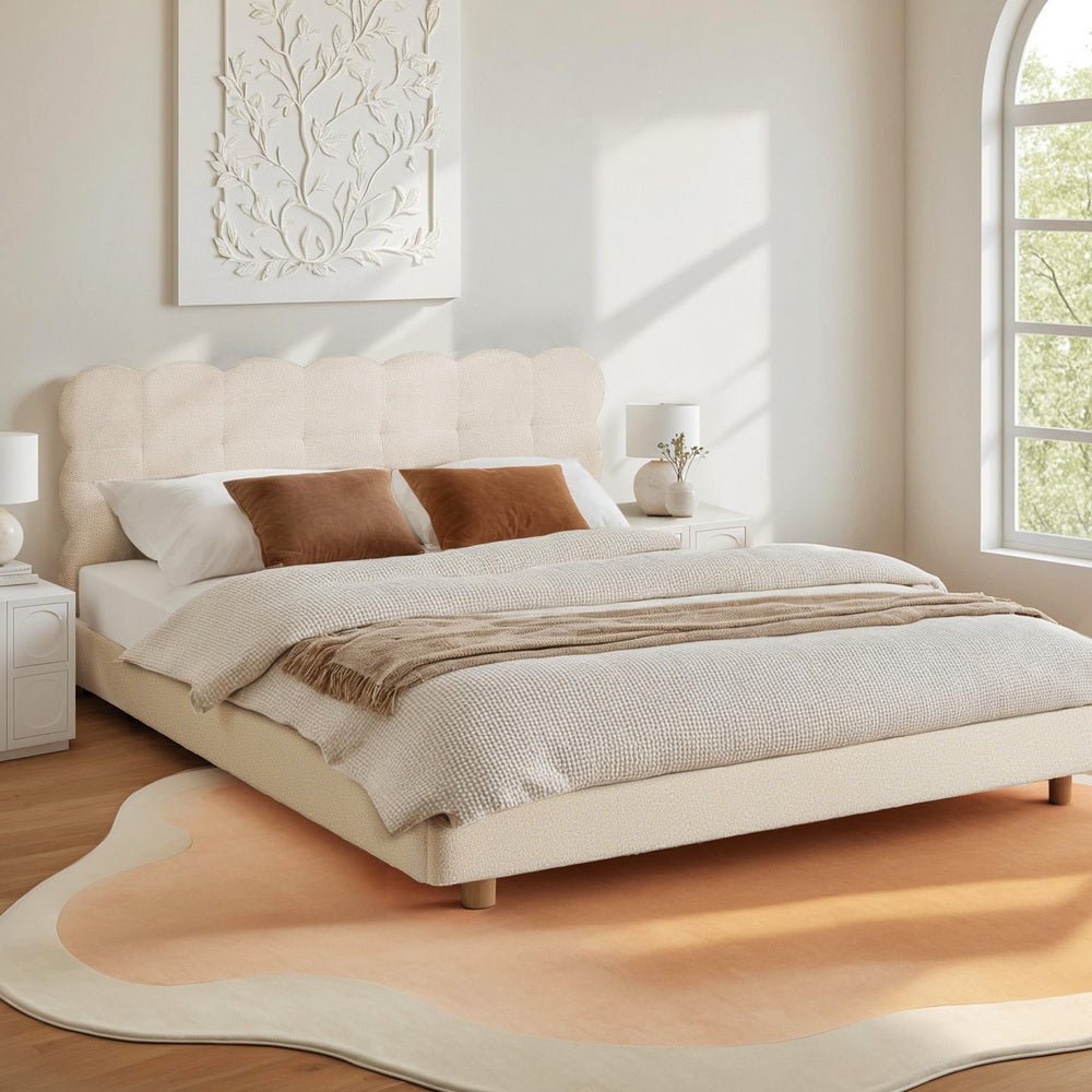 Double Bed Frame Cloud Headboard Boucle Fabric Mattress Platform Base White - Furniture > Bedroom > Beds & Bed Frames - Rivercity House & Home Co. (ABN 18 642 972 209) - Affordable Modern Furniture Australia