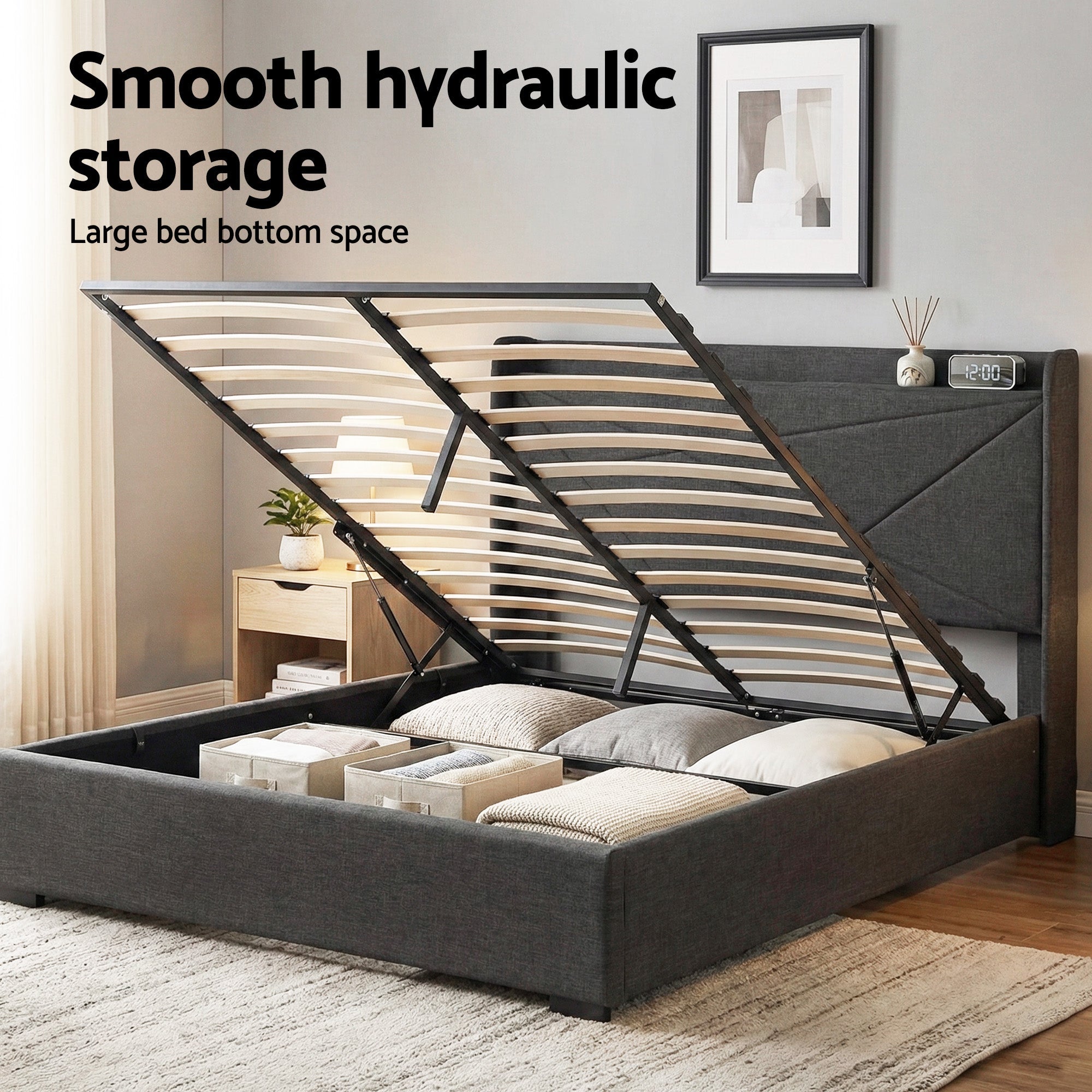 Double Bed Frame Gas Lift Storage Bed with Charging Ports Upholstered Geometric Headboard Charcoal Grey - Furniture > Bedroom > Beds & Bed Frames - Rivercity House & Home Co. (ABN 18 642 972 209) - Affordable Modern Furniture Australia