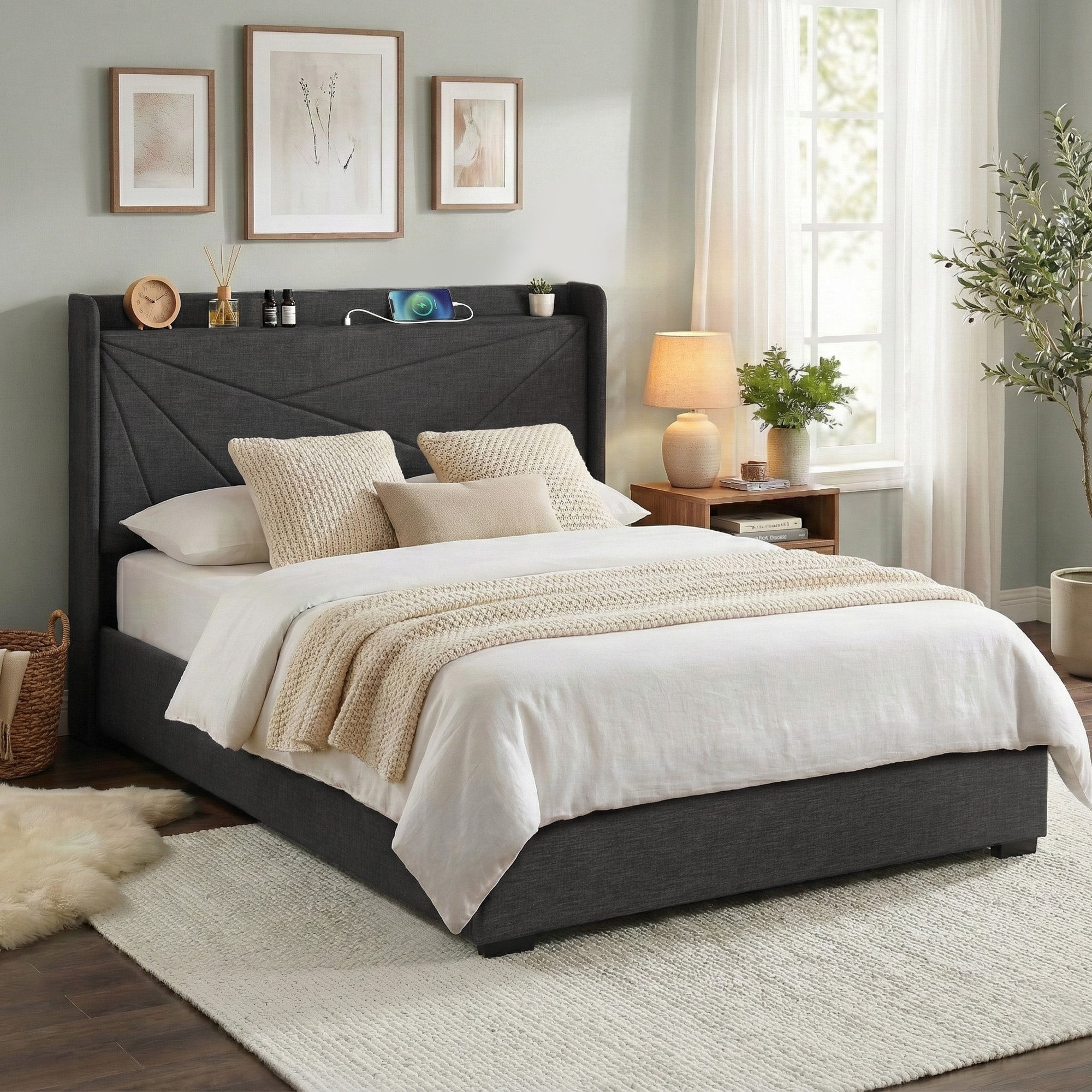 Double Bed Frame Gas Lift Storage Bed with Charging Ports Upholstered Geometric Headboard Charcoal Grey - Furniture > Bedroom > Beds & Bed Frames - Rivercity House & Home Co. (ABN 18 642 972 209) - Affordable Modern Furniture Australia
