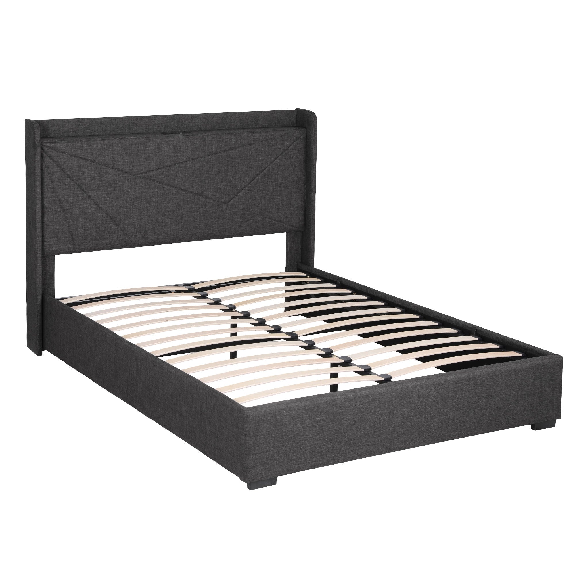 Double Bed Frame Gas Lift Storage Bed with Charging Ports Upholstered Geometric Headboard Charcoal Grey - Furniture > Bedroom > Beds & Bed Frames - Rivercity House & Home Co. (ABN 18 642 972 209) - Affordable Modern Furniture Australia