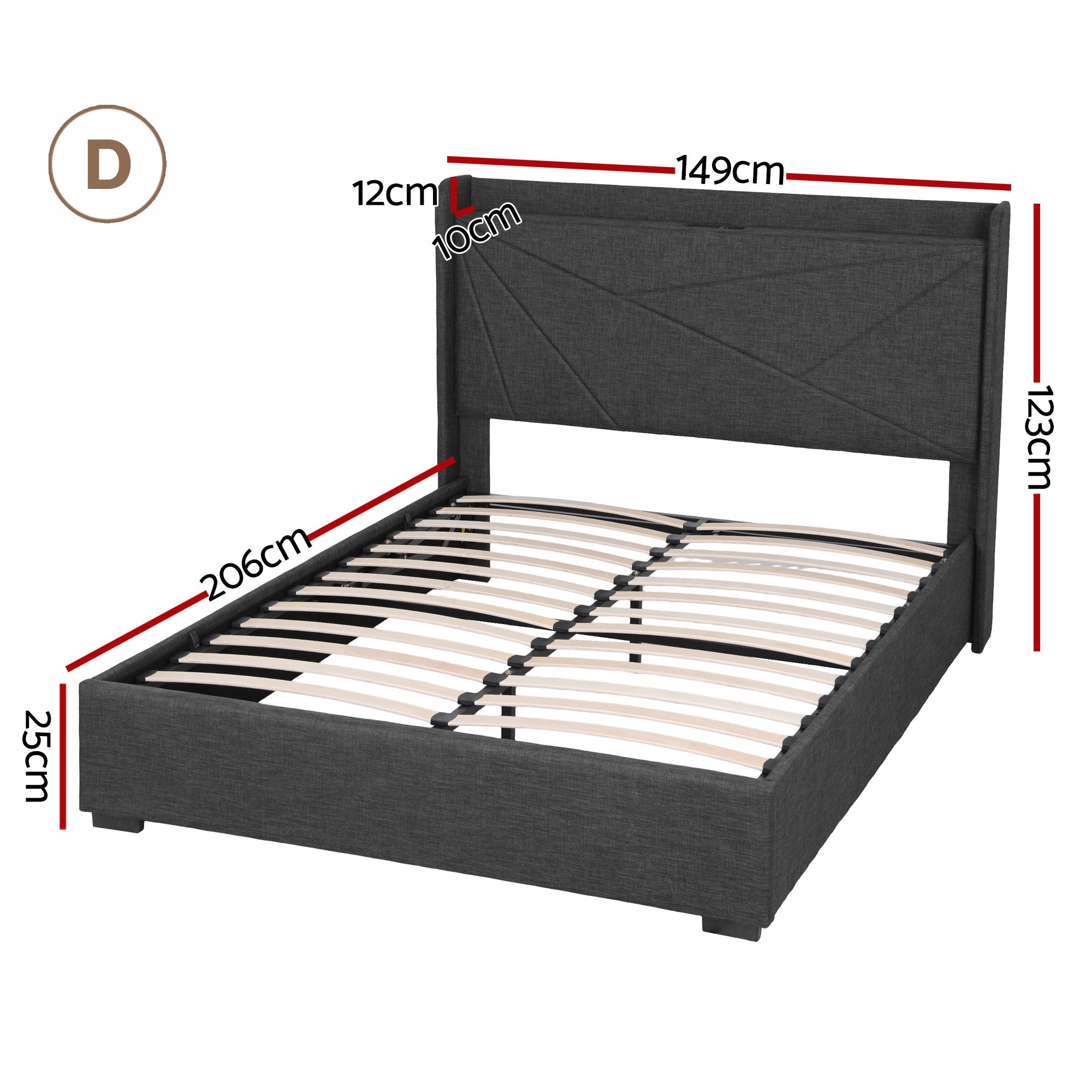 Double Bed Frame Gas Lift Storage Bed with Charging Ports Upholstered Geometric Headboard Charcoal Grey - Furniture > Bedroom > Beds & Bed Frames - Rivercity House & Home Co. (ABN 18 642 972 209) - Affordable Modern Furniture Australia