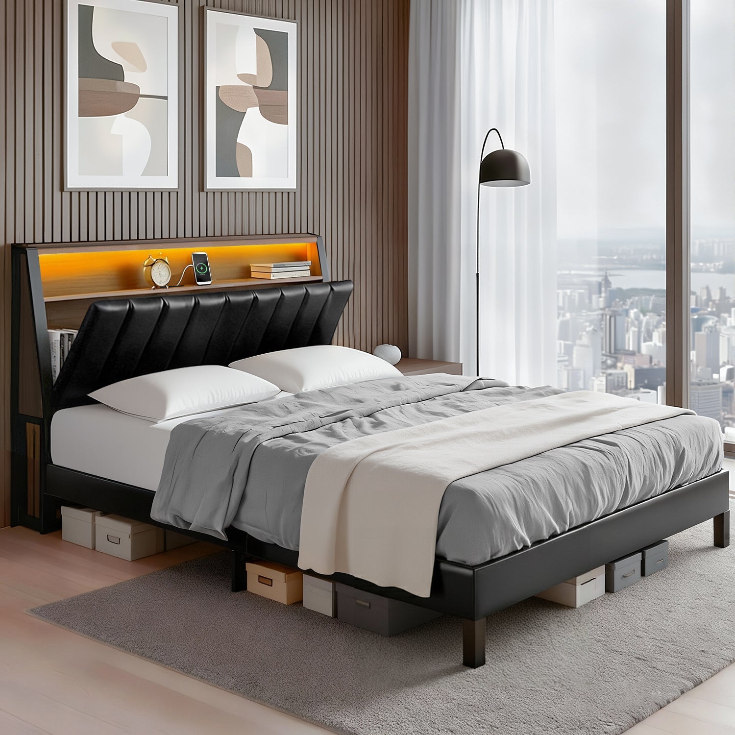 Double Bed Frame LED Storage Headboard with Charging Station Black - Furniture > Bedroom > Beds & Bed Frames - Rivercity House & Home Co. (ABN 18 642 972 209) - Affordable Modern Furniture Australia