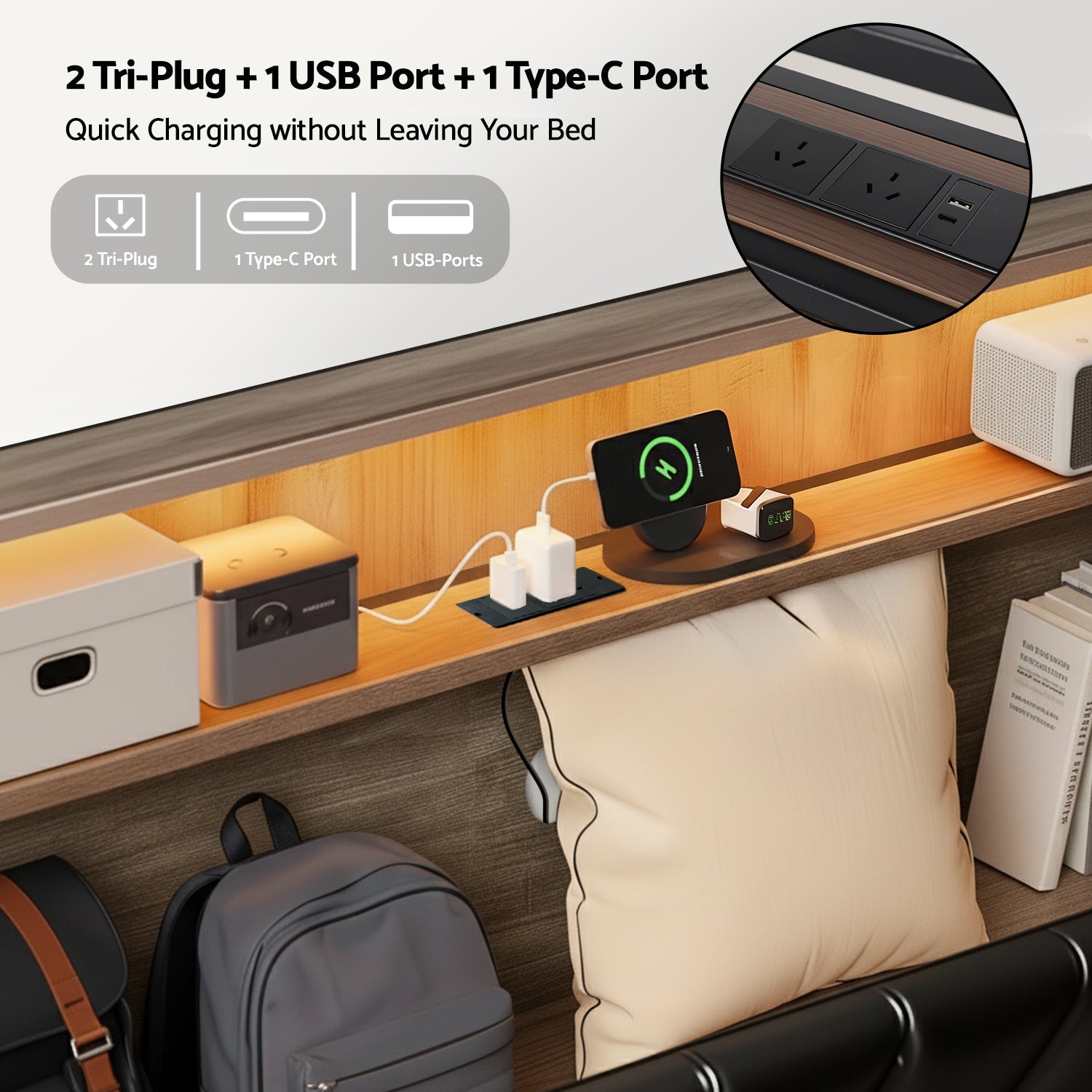 Double Bed Frame LED Storage Headboard with Charging Station Black - Furniture > Bedroom > Beds & Bed Frames - Rivercity House & Home Co. (ABN 18 642 972 209) - Affordable Modern Furniture Australia