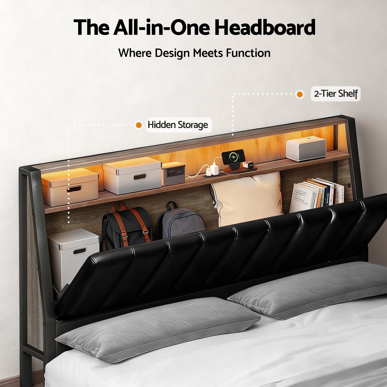 Double Bed Frame LED Storage Headboard with Charging Station Black - Furniture > Bedroom > Beds & Bed Frames - Rivercity House & Home Co. (ABN 18 642 972 209) - Affordable Modern Furniture Australia