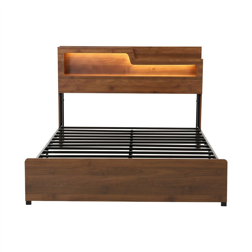 Double Bed Frame Metal with Charging Station LED Light Storage Shelf - Furniture > Bedroom > Beds & Bed Frames - Rivercity House & Home Co. (ABN 18 642 972 209) - Affordable Modern Furniture Australia