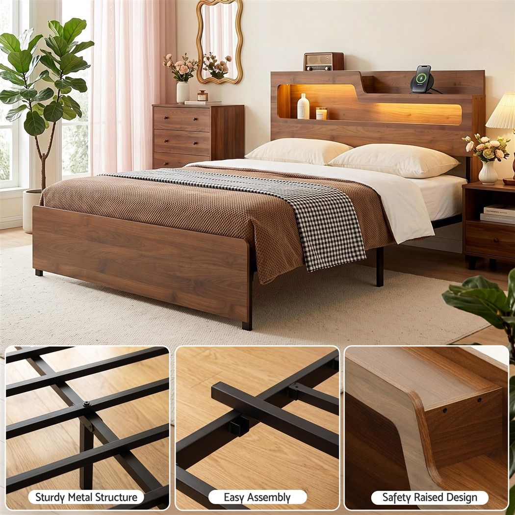Double Bed Frame Metal with Charging Station LED Light Storage Shelf - Furniture > Bedroom > Beds & Bed Frames - Rivercity House & Home Co. (ABN 18 642 972 209) - Affordable Modern Furniture Australia