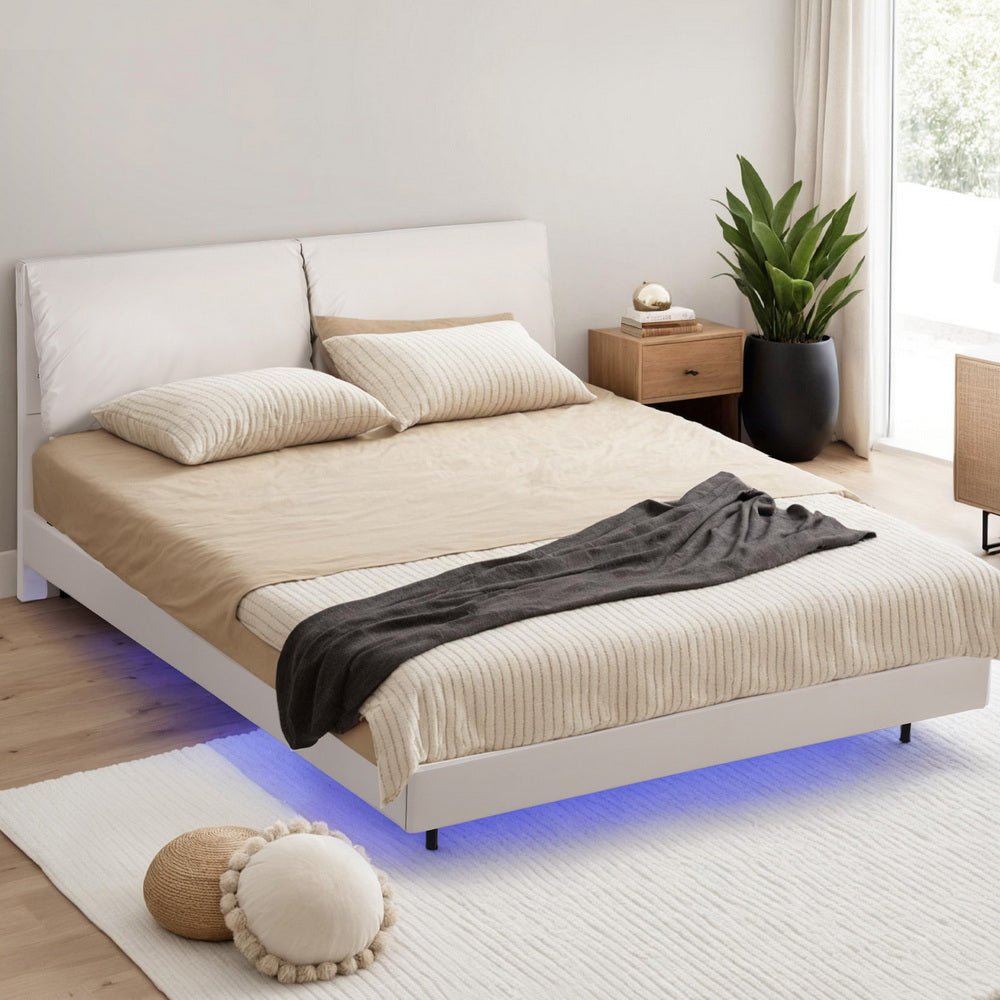 Double Bed Frame RGB LED Floating Beds Adjustable Headboard Beige White - Furniture > Bedroom > Beds & Bed Frames - Rivercity House & Home Co. (ABN 18 642 972 209) - Affordable Modern Furniture Australia