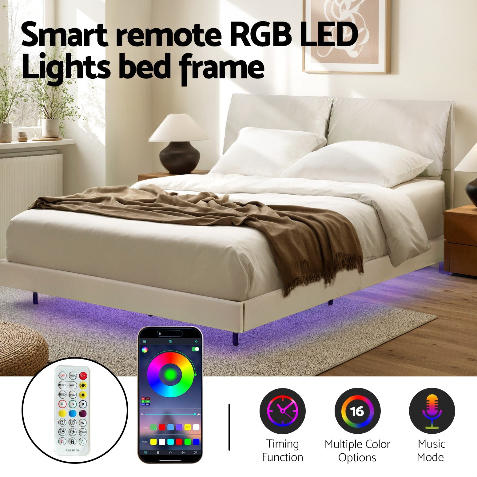 Double Bed Frame RGB LED Floating Beds Adjustable Headboard Beige White - Furniture > Bedroom > Beds & Bed Frames - Rivercity House & Home Co. (ABN 18 642 972 209) - Affordable Modern Furniture Australia