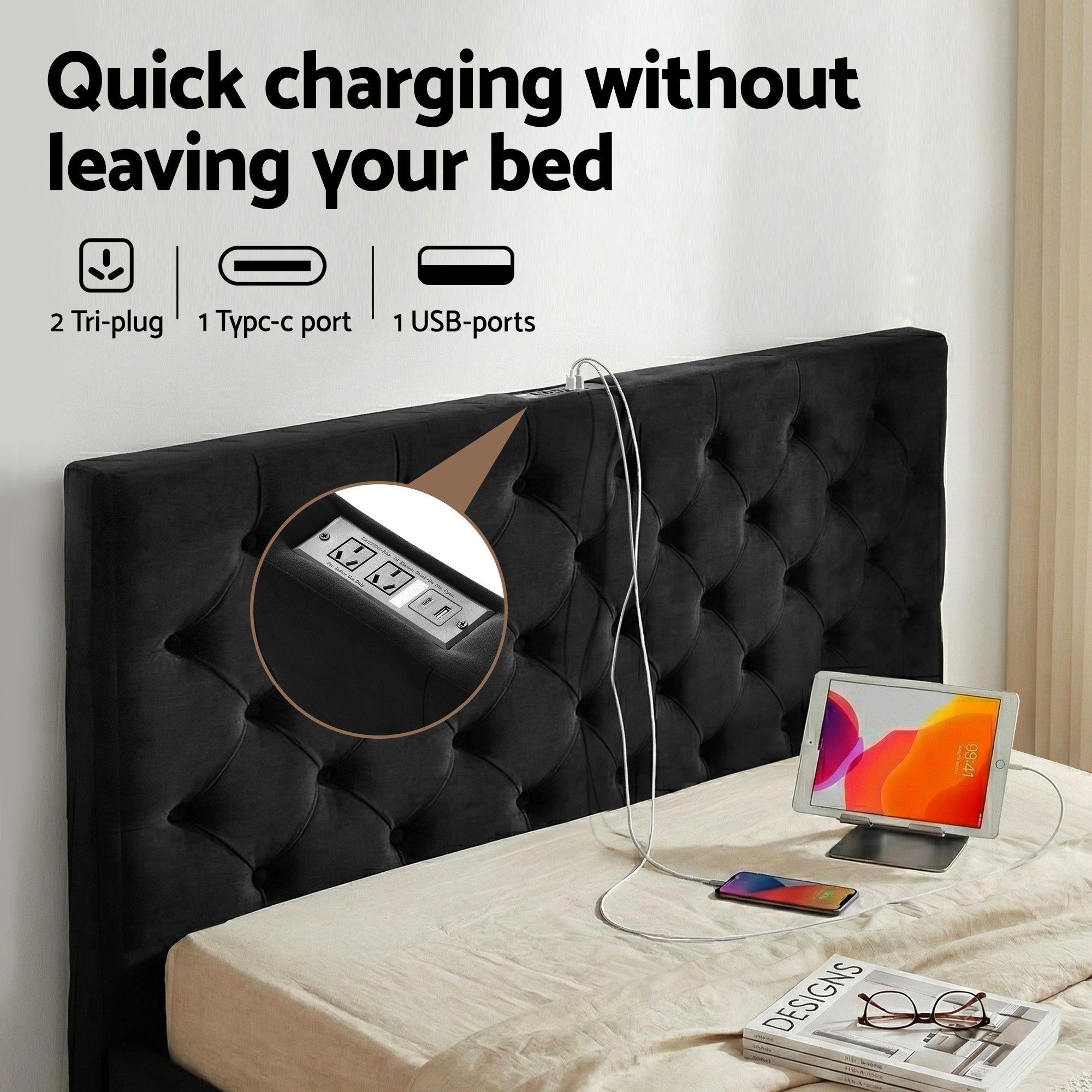Double Bed Frame Storage Charging Station Upholstered 3 Drawers USB Type - C - Furniture > Bedroom > Beds & Bed Frames - Rivercity House & Home Co. (ABN 18 642 972 209) - Affordable Modern Furniture Australia