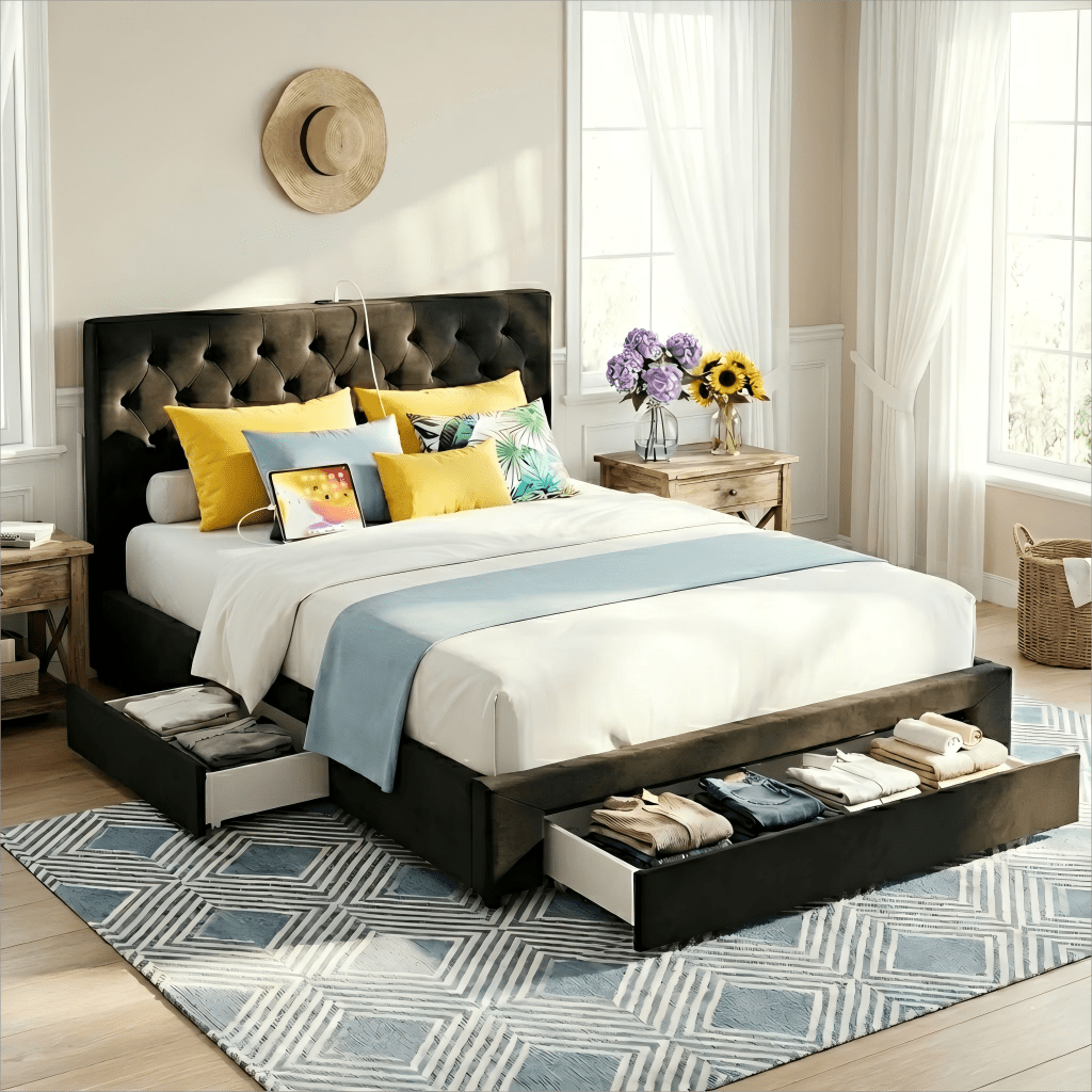 Double Bed Frame Storage Charging Station Upholstered 3 Drawers USB Type - C - Furniture > Bedroom > Beds & Bed Frames - Rivercity House & Home Co. (ABN 18 642 972 209) - Affordable Modern Furniture Australia