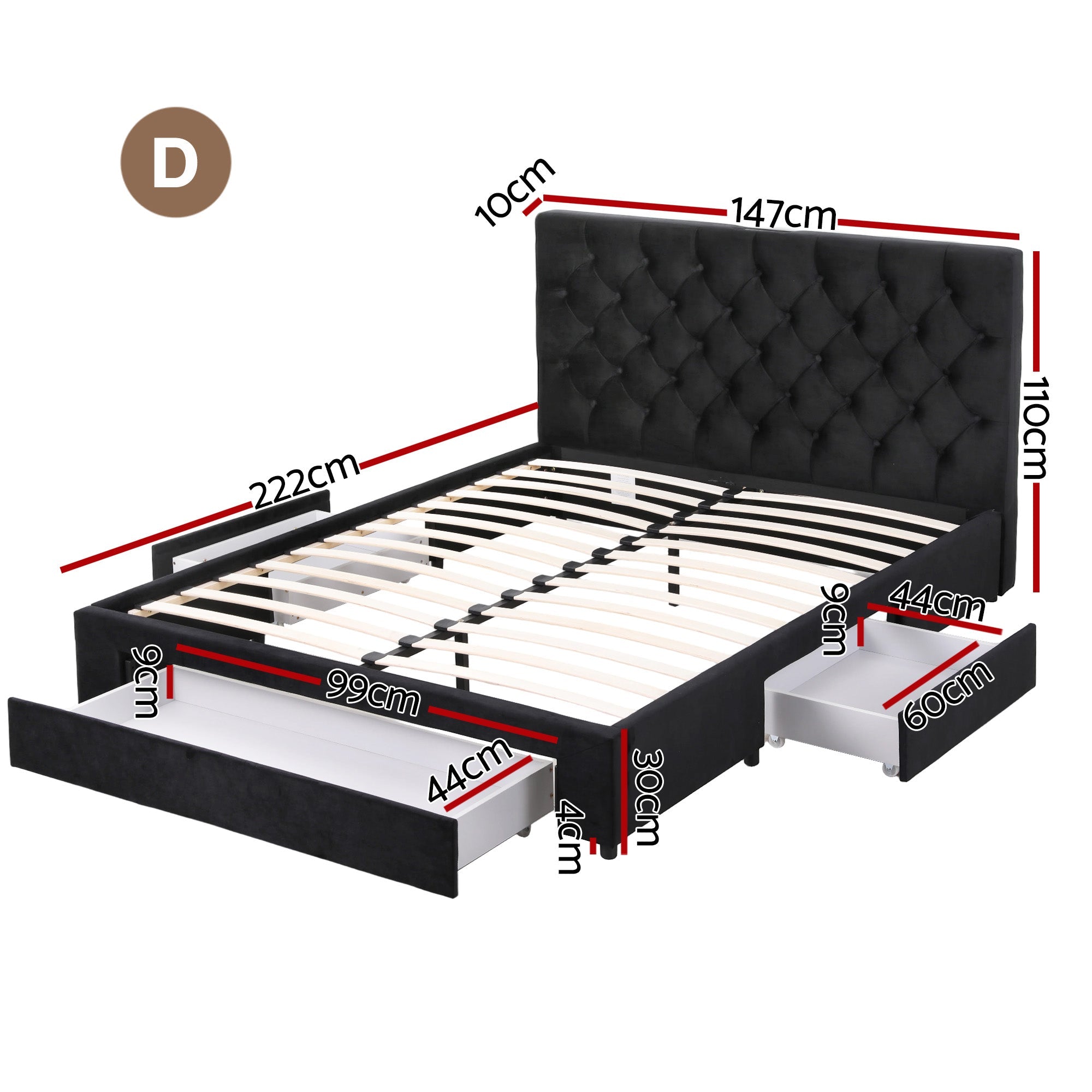 Double Bed Frame Storage Charging Station Upholstered 3 Drawers USB Type - C - Furniture > Bedroom > Beds & Bed Frames - Rivercity House & Home Co. (ABN 18 642 972 209) - Affordable Modern Furniture Australia
