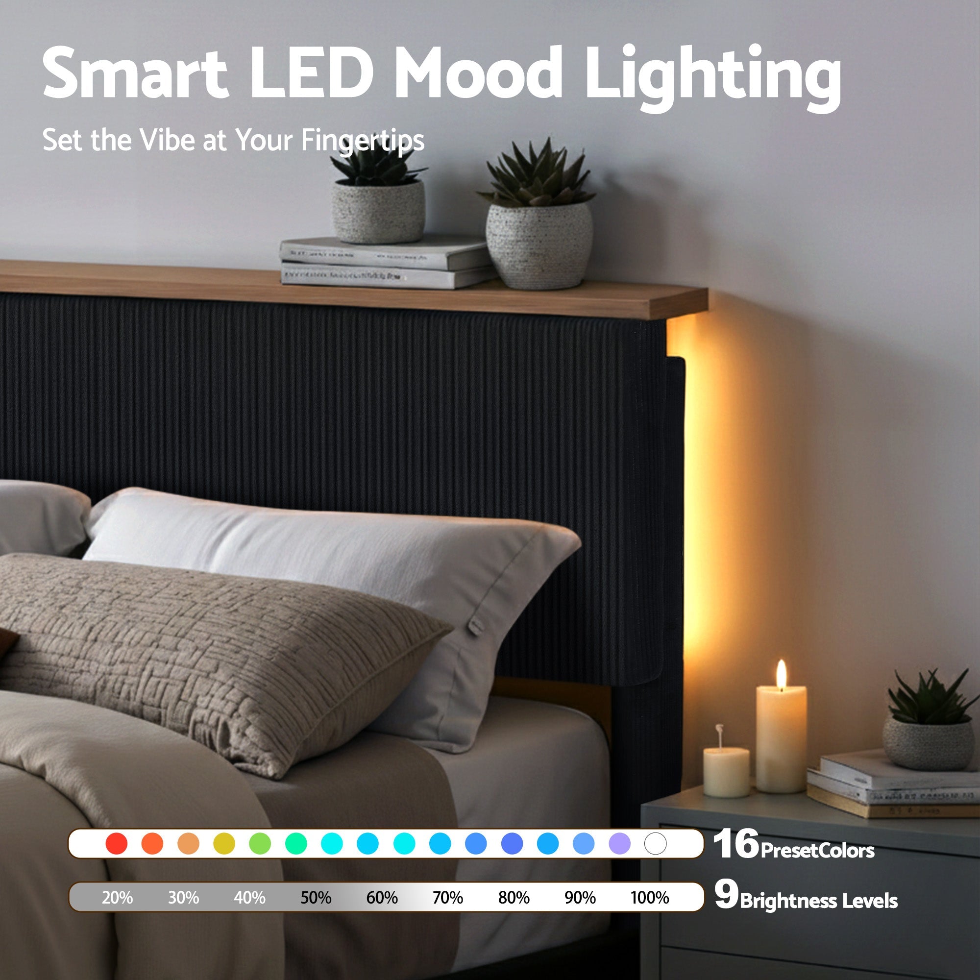 Double Bed Frame Upholstered Adjustable Headboard Mood Lighting Heavy Duty Black Velvet - Furniture > Bedroom > Beds & Bed Frames - Rivercity House & Home Co. (ABN 18 642 972 209) - Affordable Modern Furniture Australia