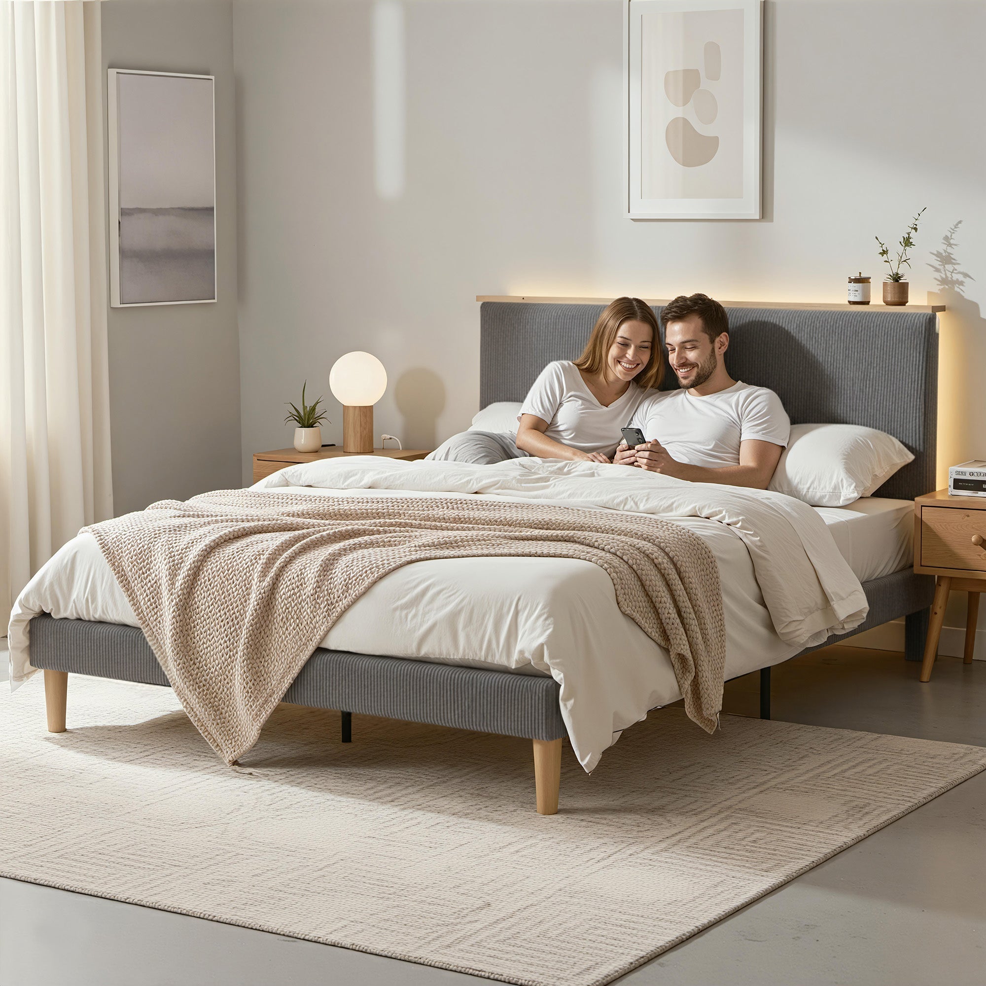 Double Bed Frame Upholstered Adjustable Headboard Mood Lighting Heavy Duty Grey Velvet - Furniture > Bedroom > Beds & Bed Frames - Rivercity House & Home Co. (ABN 18 642 972 209) - Affordable Modern Furniture Australia