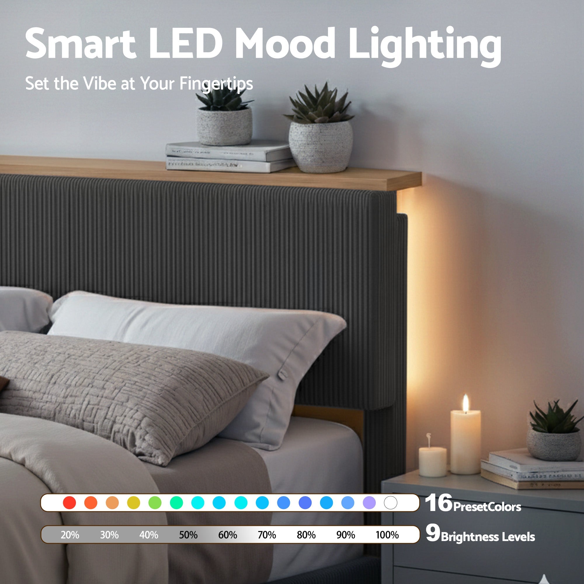 Double Bed Frame Upholstered Adjustable Headboard Mood Lighting Heavy Duty Grey Velvet - Furniture > Bedroom > Beds & Bed Frames - Rivercity House & Home Co. (ABN 18 642 972 209) - Affordable Modern Furniture Australia