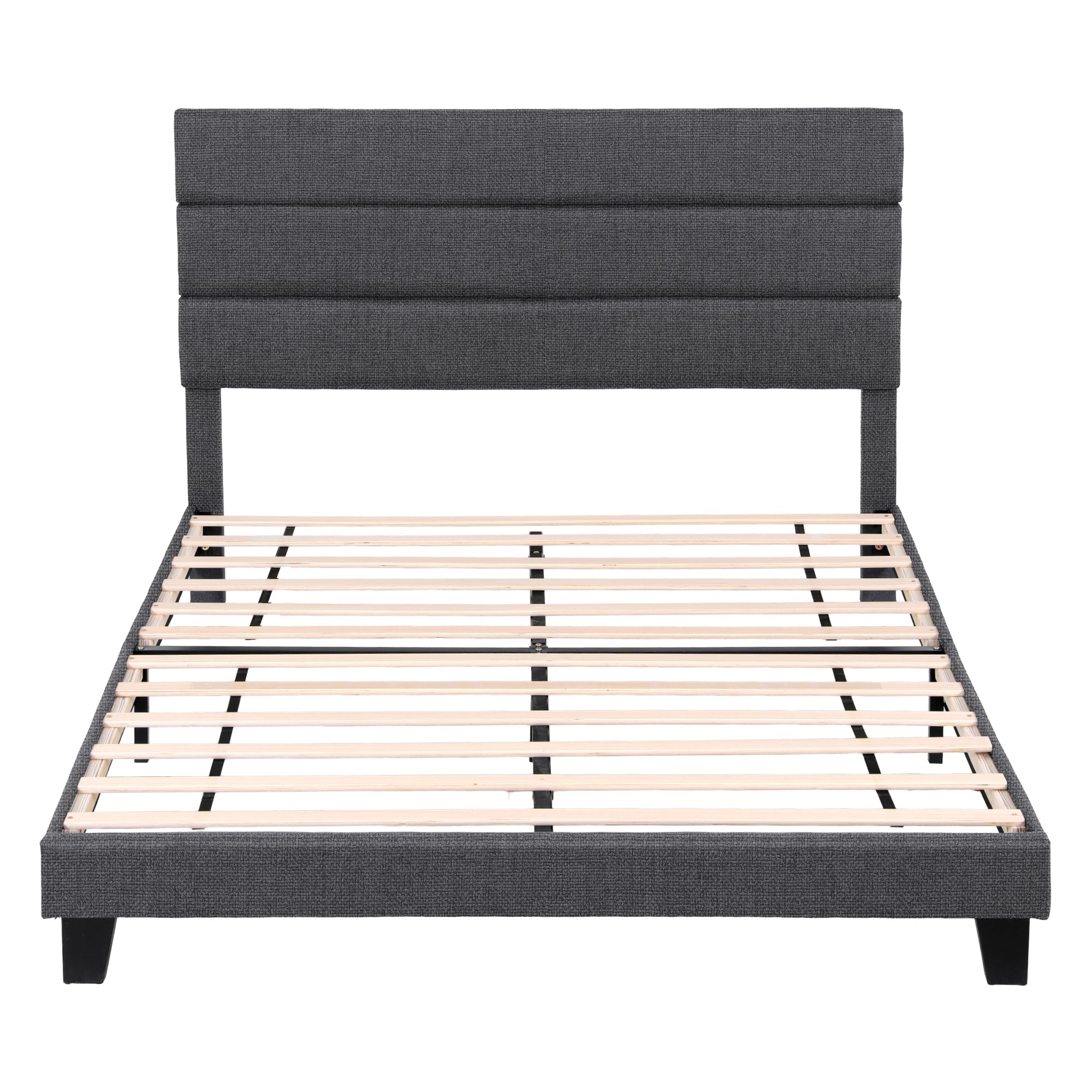 Double Bed Frame Upholstered Platform Base with Geometric Headboard Charcoal Grey Linen Wood Slats for Modern Bedroom Furniture Home Decor - Furniture > Bedroom > Beds & Bed Frames - Rivercity House & Home Co. (ABN 18 642 972 209) - Affordable Modern Furniture Australia