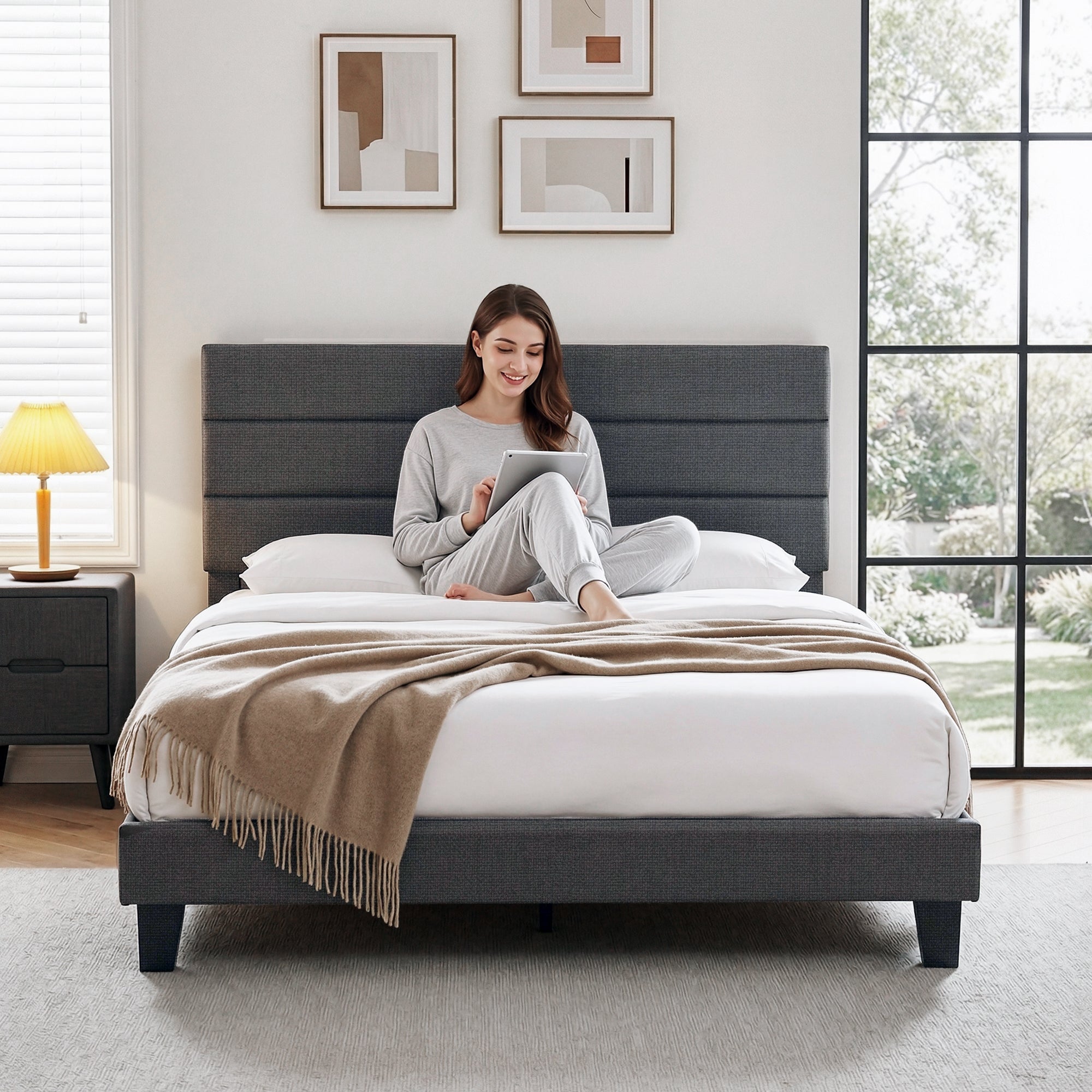 Double Bed Frame Upholstered Platform Base with Geometric Headboard Charcoal Grey Linen Wood Slats for Modern Bedroom Furniture Home Decor - Furniture > Bedroom > Beds & Bed Frames - Rivercity House & Home Co. (ABN 18 642 972 209) - Affordable Modern Furniture Australia