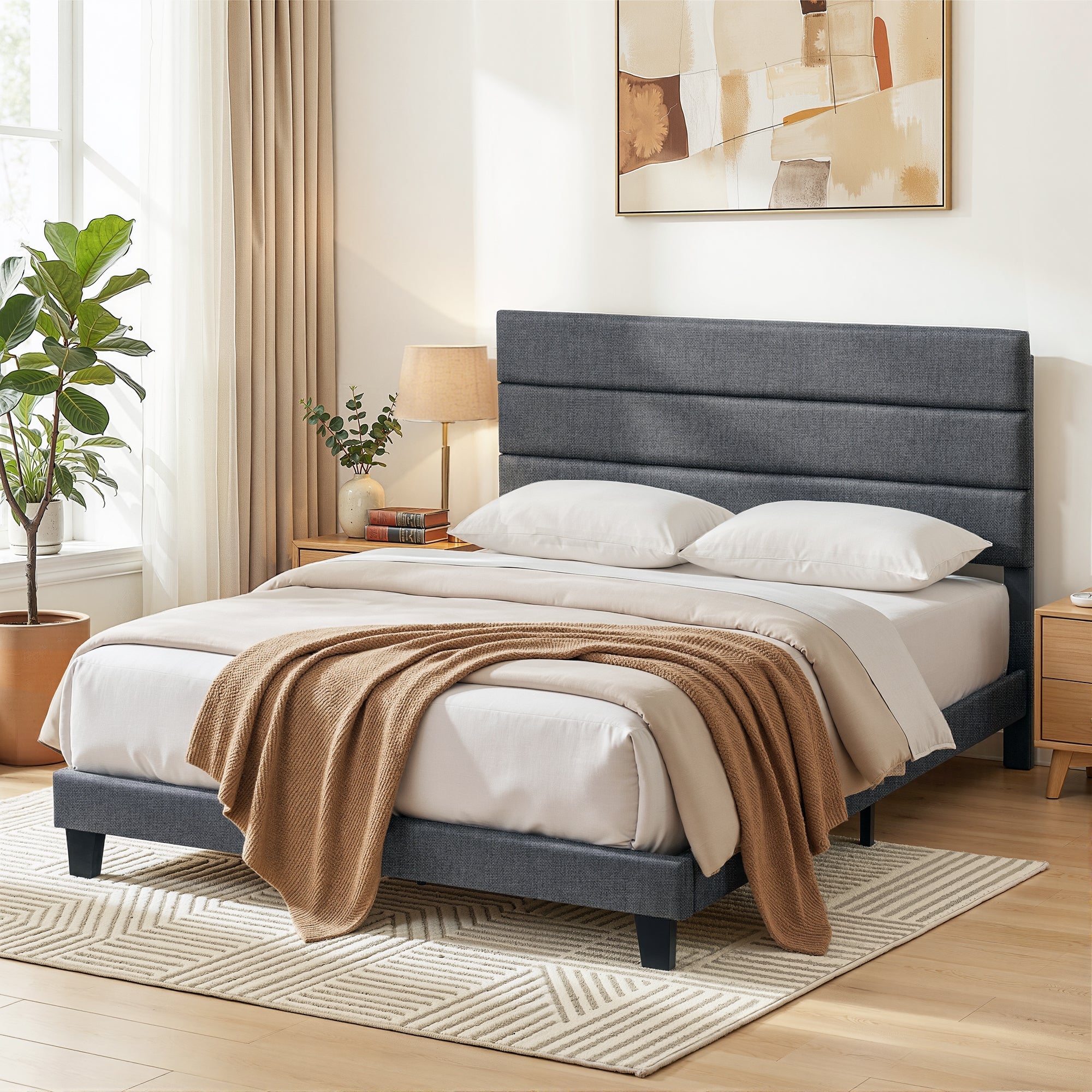 Double Bed Frame Upholstered Platform Base with Geometric Headboard Charcoal Grey Linen Wood Slats for Modern Bedroom Furniture Home Decor - Furniture > Bedroom > Beds & Bed Frames - Rivercity House & Home Co. (ABN 18 642 972 209) - Affordable Modern Furniture Australia
