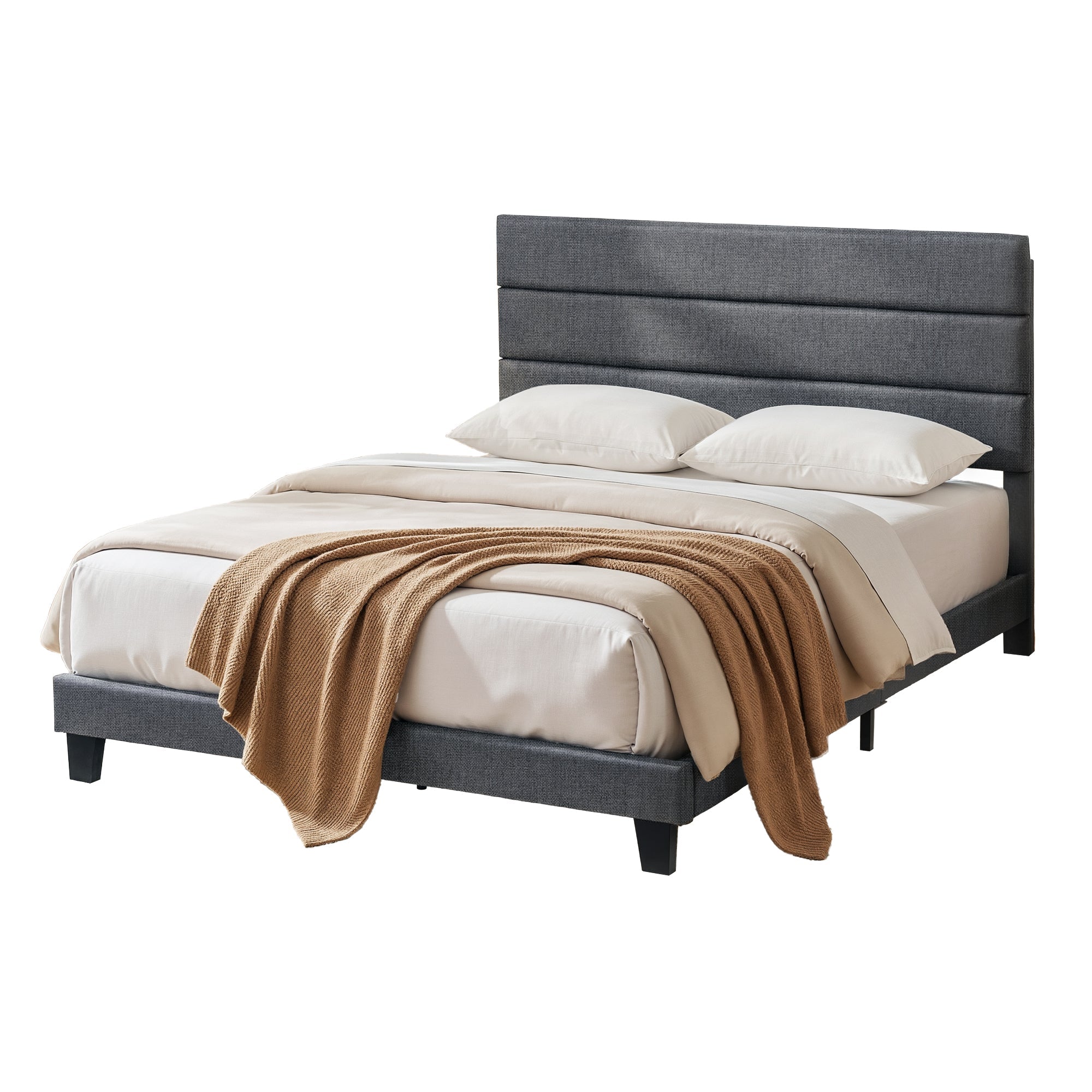 Double Bed Frame Upholstered Platform Base with Geometric Headboard Charcoal Grey Linen Wood Slats for Modern Bedroom Furniture Home Decor - Furniture > Bedroom > Beds & Bed Frames - Rivercity House & Home Co. (ABN 18 642 972 209) - Affordable Modern Furniture Australia