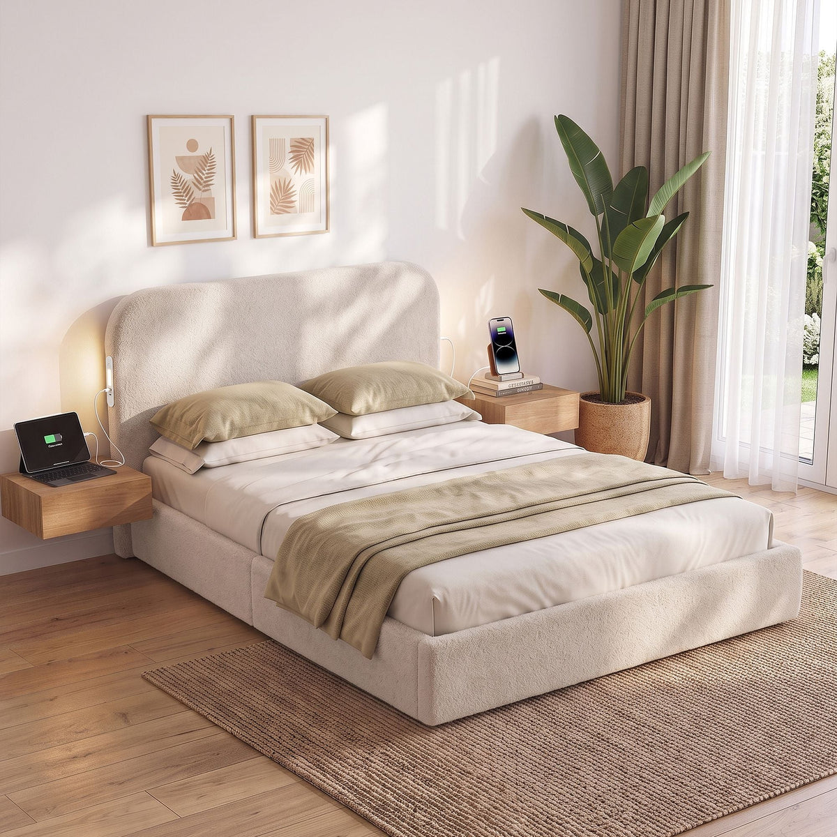 Double Bed Frame with 100cm Bouclé Headboard, USB-C Ports & Night Lights - Furniture > Bedroom > Beds & Bed Frames - Rivercity House & Home Co. (ABN 18 642 972 209) - Affordable Modern Furniture Australia