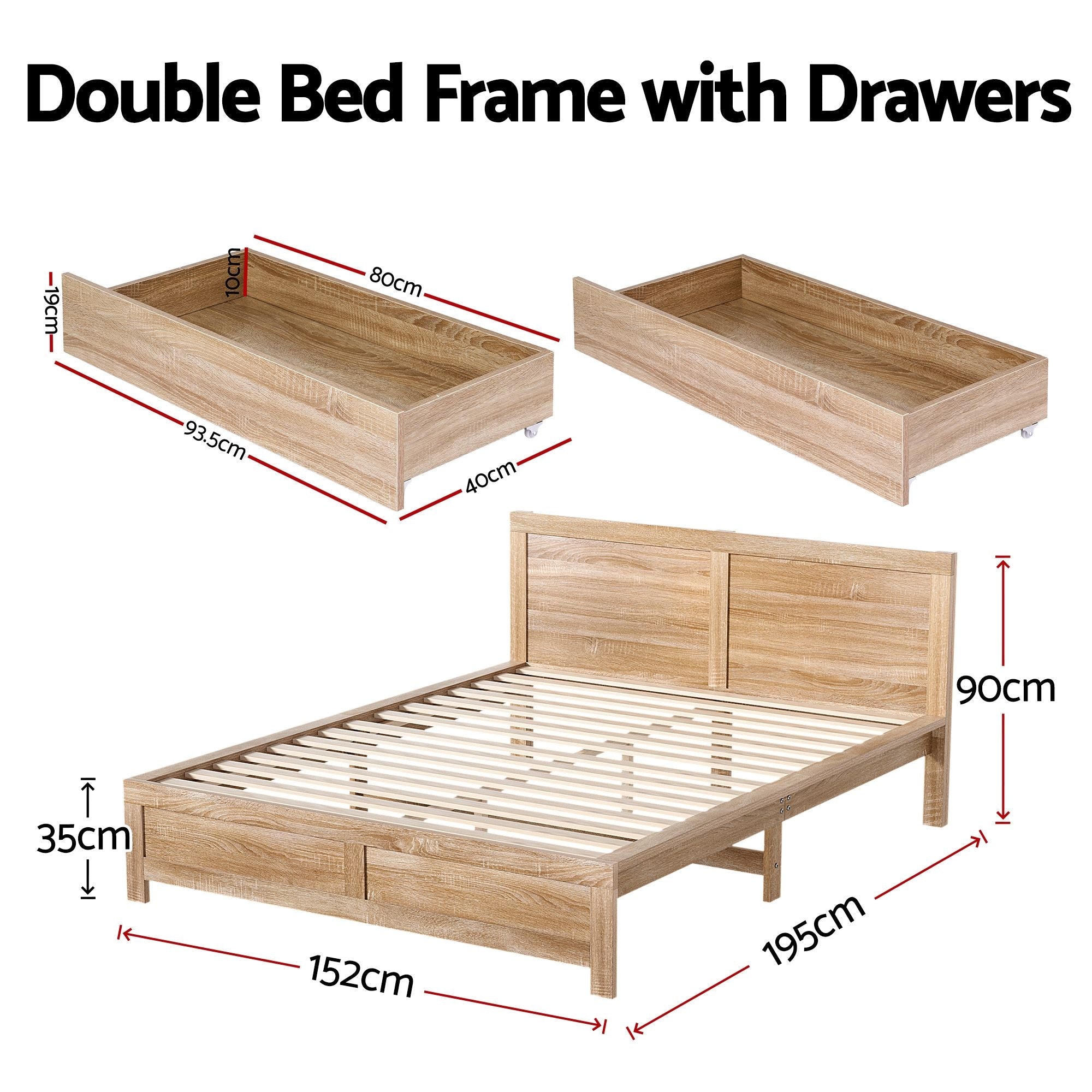 Double Bed Frame with 2 Drawers Bedroom Furniture - Furniture > Bedroom > Beds & Bed Frames - Rivercity House & Home Co. (ABN 18 642 972 209) - Affordable Modern Furniture Australia