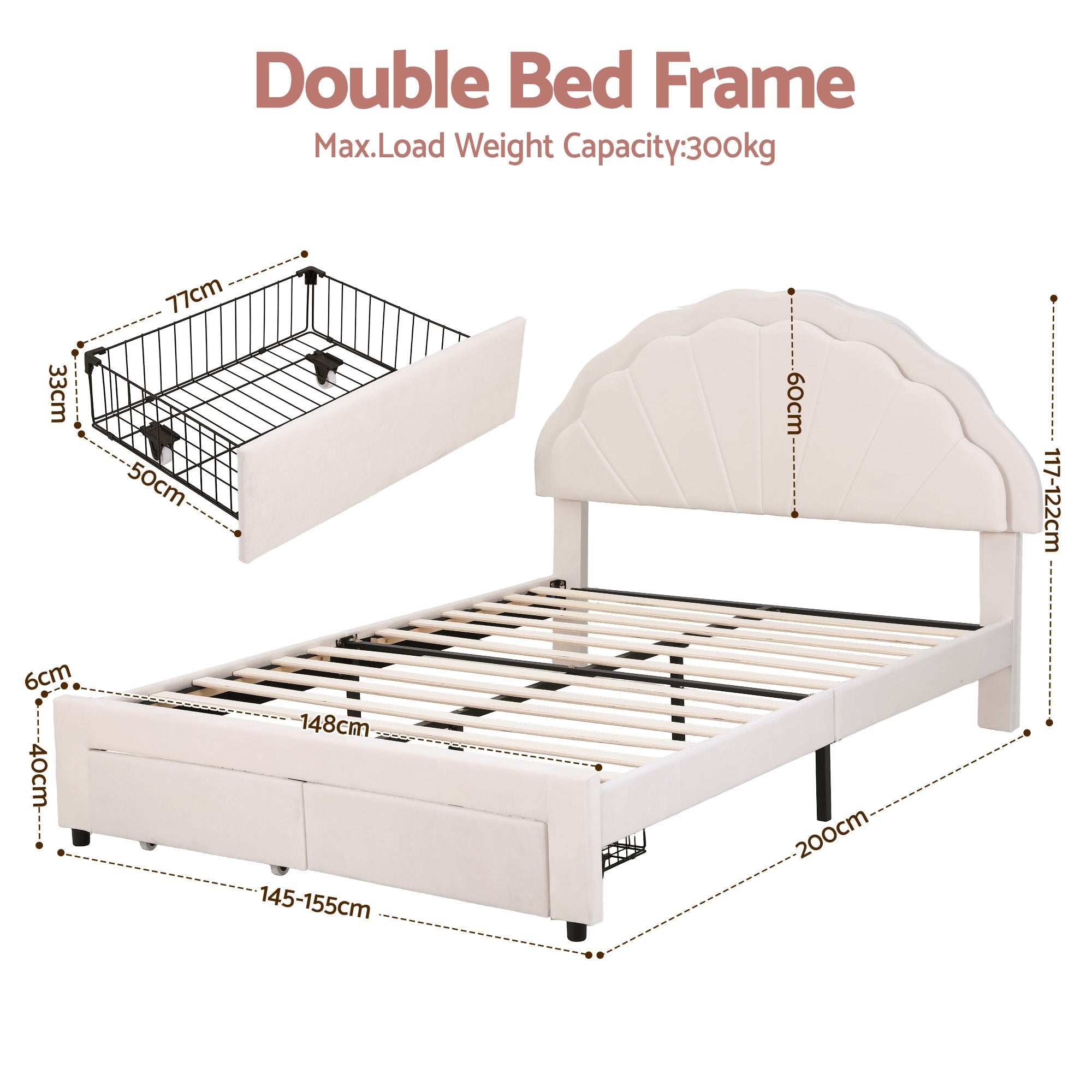 Double Bed Frame with 2 Storage Drawers Upholstered Velvet Platform Bed LED Headboard - Furniture > Bedroom > Beds & Bed Frames - Rivercity House & Home Co. (ABN 18 642 972 209) - Affordable Modern Furniture Australia