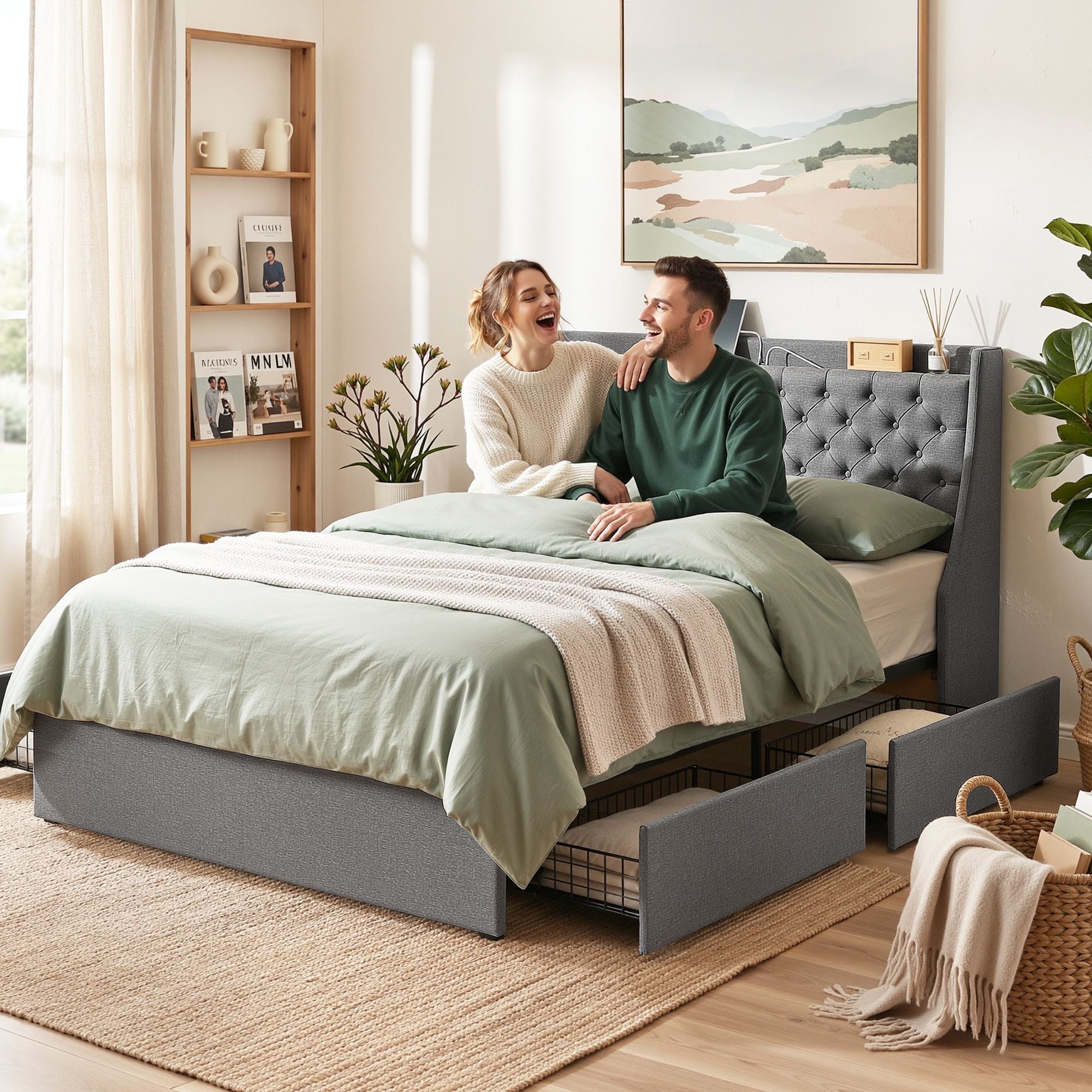 Double Bed Frame with 4 Storage Drawers and Charging Station Tufted Wingback Headboard 300kg Loads Charcoal Grey - Furniture > Bedroom > Beds & Bed Frames - Rivercity House & Home Co. (ABN 18 642 972 209) - Affordable Modern Furniture Australia