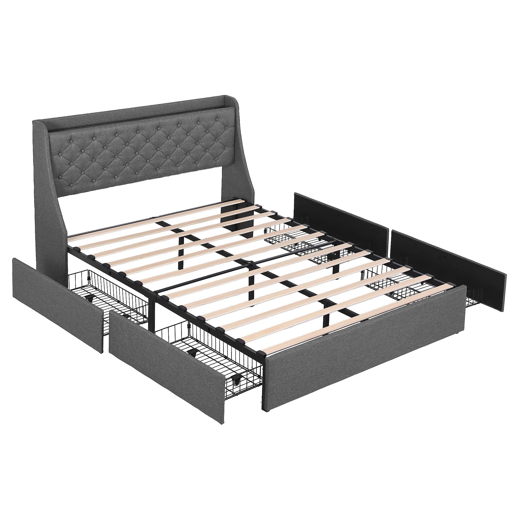 Double Bed Frame with 4 Storage Drawers and Charging Station Tufted Wingback Headboard 300kg Loads Charcoal Grey - Furniture > Bedroom > Beds & Bed Frames - Rivercity House & Home Co. (ABN 18 642 972 209) - Affordable Modern Furniture Australia