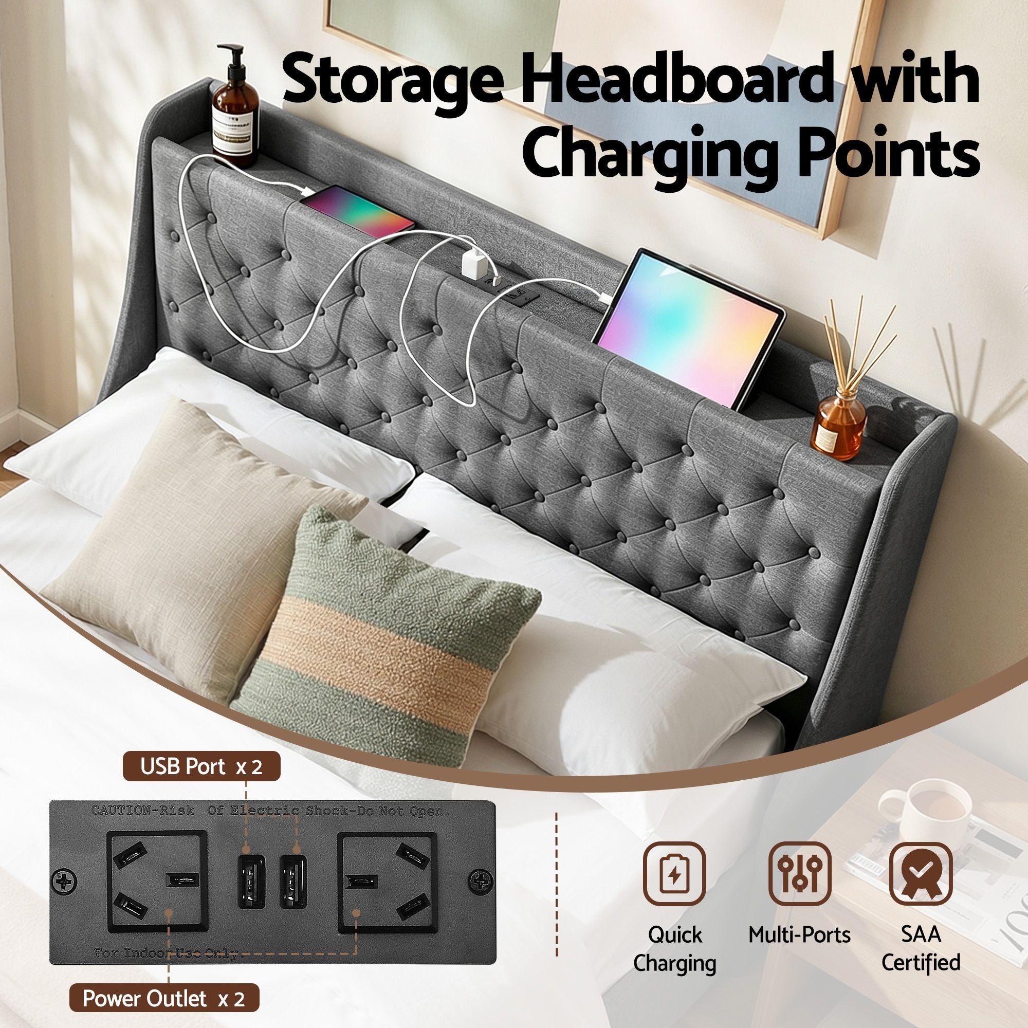 Double Bed Frame with 4 Storage Drawers and Charging Station Tufted Wingback Headboard 300kg Loads Charcoal Grey - Furniture > Bedroom > Beds & Bed Frames - Rivercity House & Home Co. (ABN 18 642 972 209) - Affordable Modern Furniture Australia