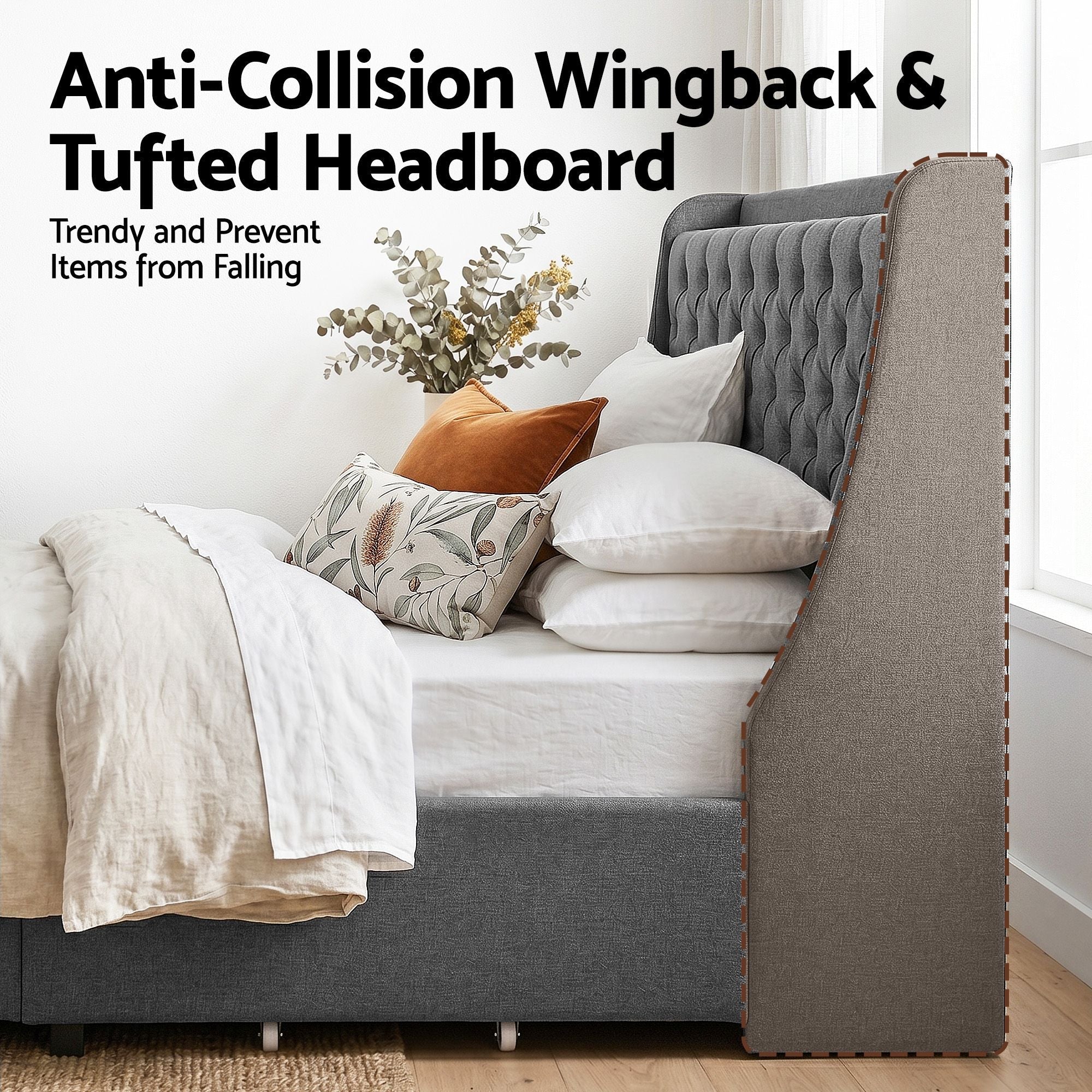Double Bed Frame with 4 Storage Drawers and Charging Station Tufted Wingback Headboard 300kg Loads Charcoal Grey - Furniture > Bedroom > Beds & Bed Frames - Rivercity House & Home Co. (ABN 18 642 972 209) - Affordable Modern Furniture Australia
