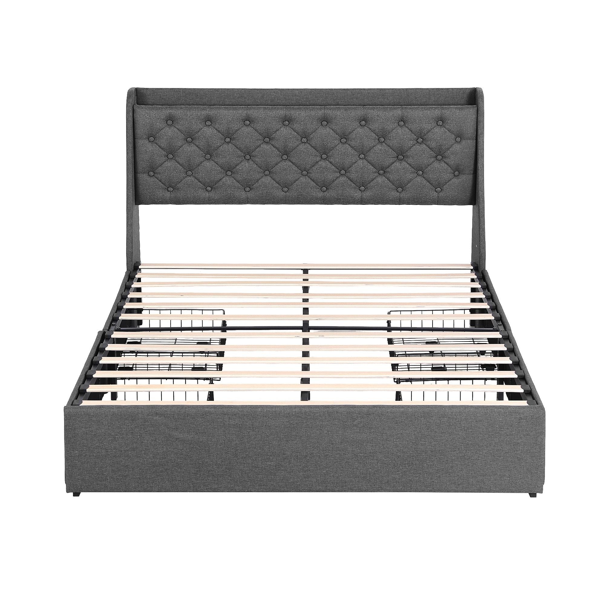 Double Bed Frame with 4 Storage Drawers and Charging Station Tufted Wingback Headboard 300kg Loads Charcoal Grey - Furniture > Bedroom > Beds & Bed Frames - Rivercity House & Home Co. (ABN 18 642 972 209) - Affordable Modern Furniture Australia