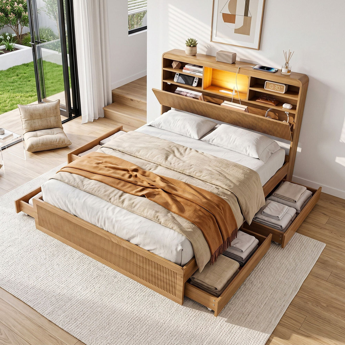Double Bed Frame with 4 Storage Drawers, USB Ports & Night Light - Natural - Furniture > Bedroom > Beds & Bed Frames - Rivercity House & Home Co. (ABN 18 642 972 209) - Affordable Modern Furniture Australia