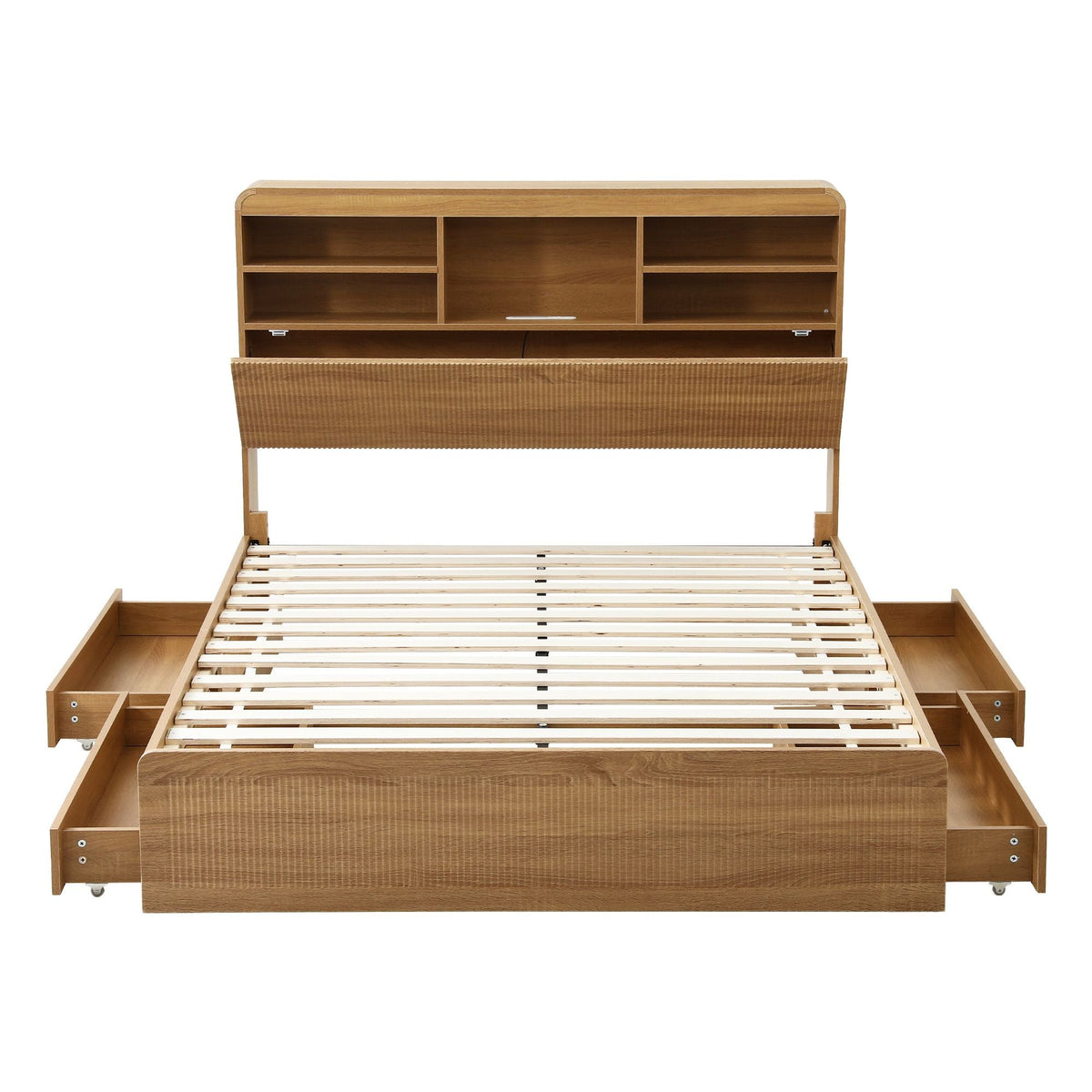 Double Bed Frame with 4 Storage Drawers, USB Ports & Night Light - Natural - Furniture > Bedroom > Beds & Bed Frames - Rivercity House & Home Co. (ABN 18 642 972 209) - Affordable Modern Furniture Australia