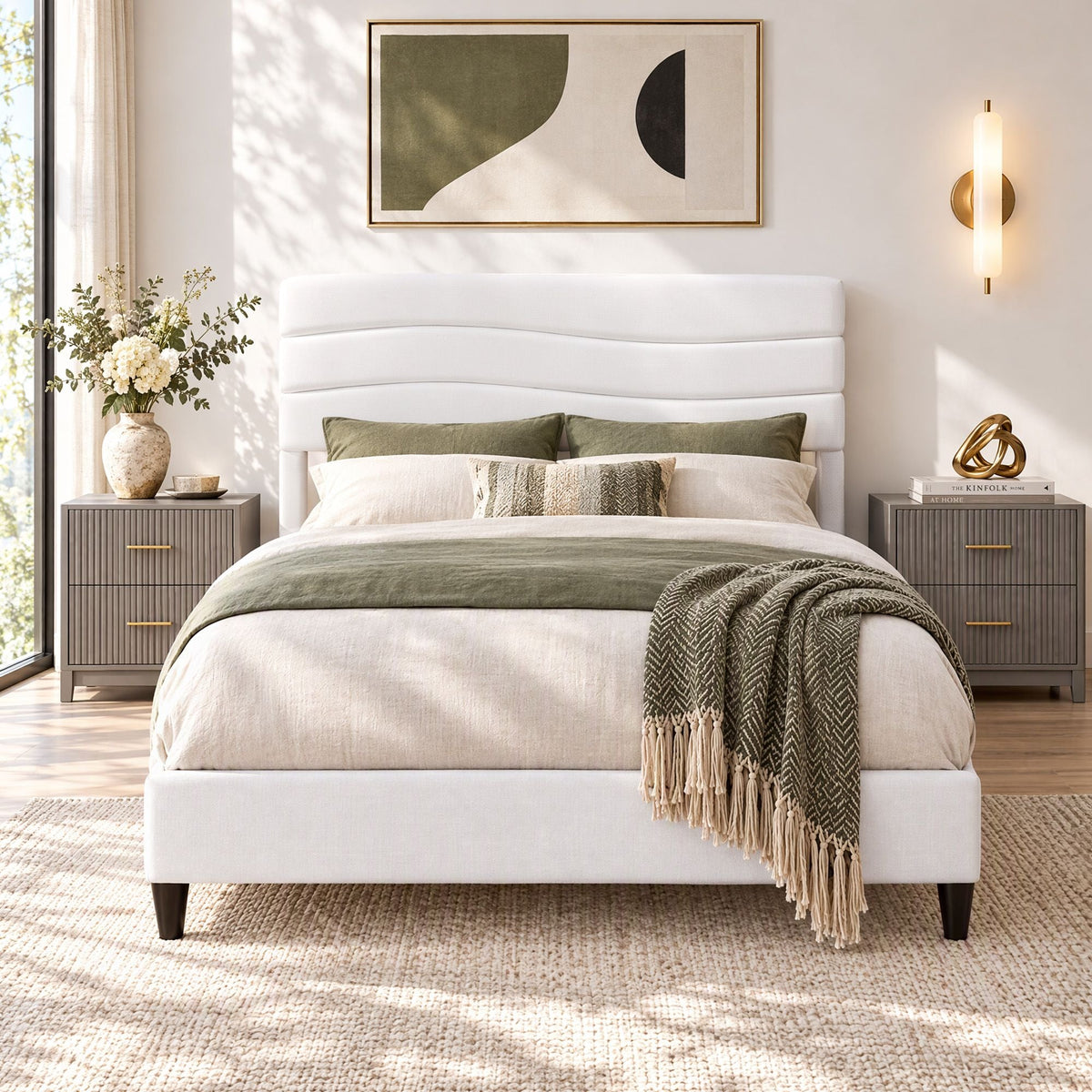 Double Bed Frame with Adjustable Linen Headboard, Platform Base & Charging Ports - Furniture > Bedroom > Beds & Bed Frames - Rivercity House & Home Co. (ABN 18 642 972 209) - Affordable Modern Furniture Australia