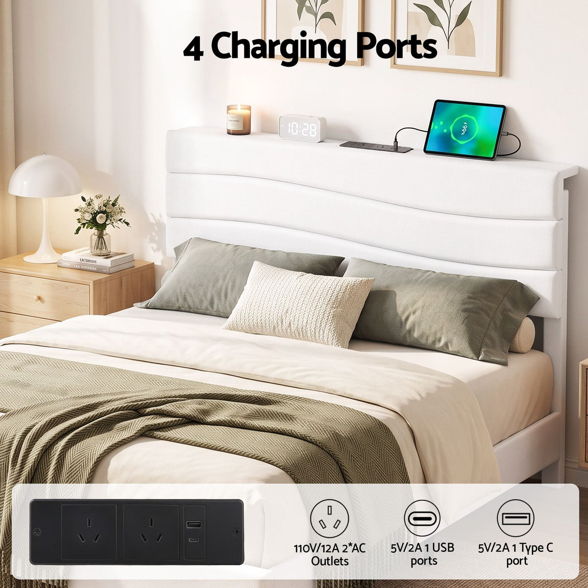 Double Bed Frame with Adjustable Linen Headboard, Platform Base & Charging Ports - Furniture > Bedroom > Beds & Bed Frames - Rivercity House & Home Co. (ABN 18 642 972 209) - Affordable Modern Furniture Australia