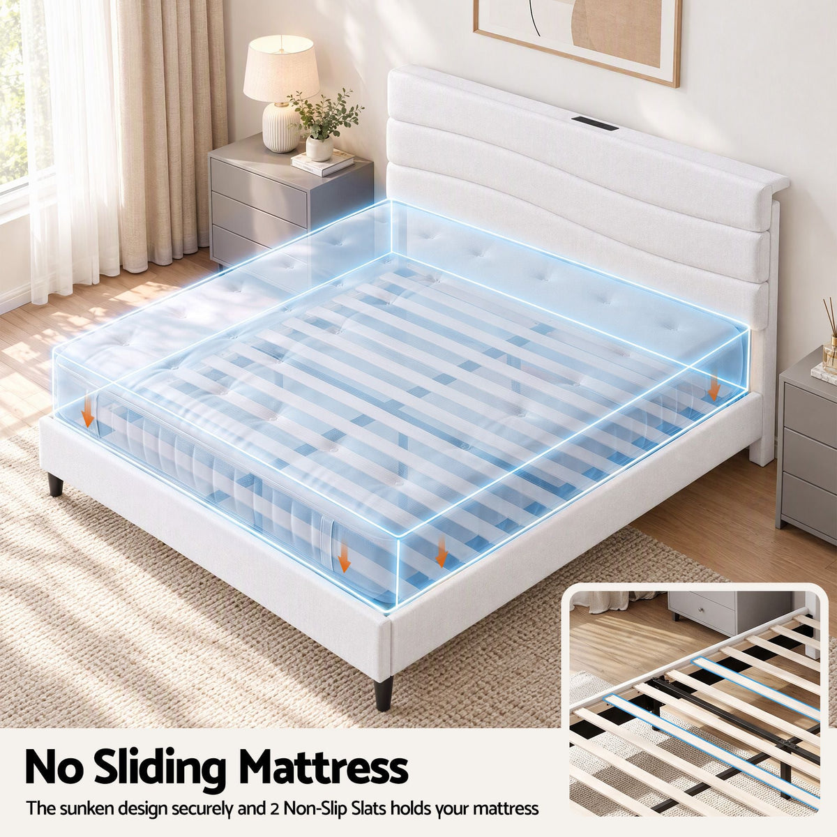Double Bed Frame with Adjustable Linen Headboard, Platform Base & Charging Ports - Furniture > Bedroom > Beds & Bed Frames - Rivercity House & Home Co. (ABN 18 642 972 209) - Affordable Modern Furniture Australia