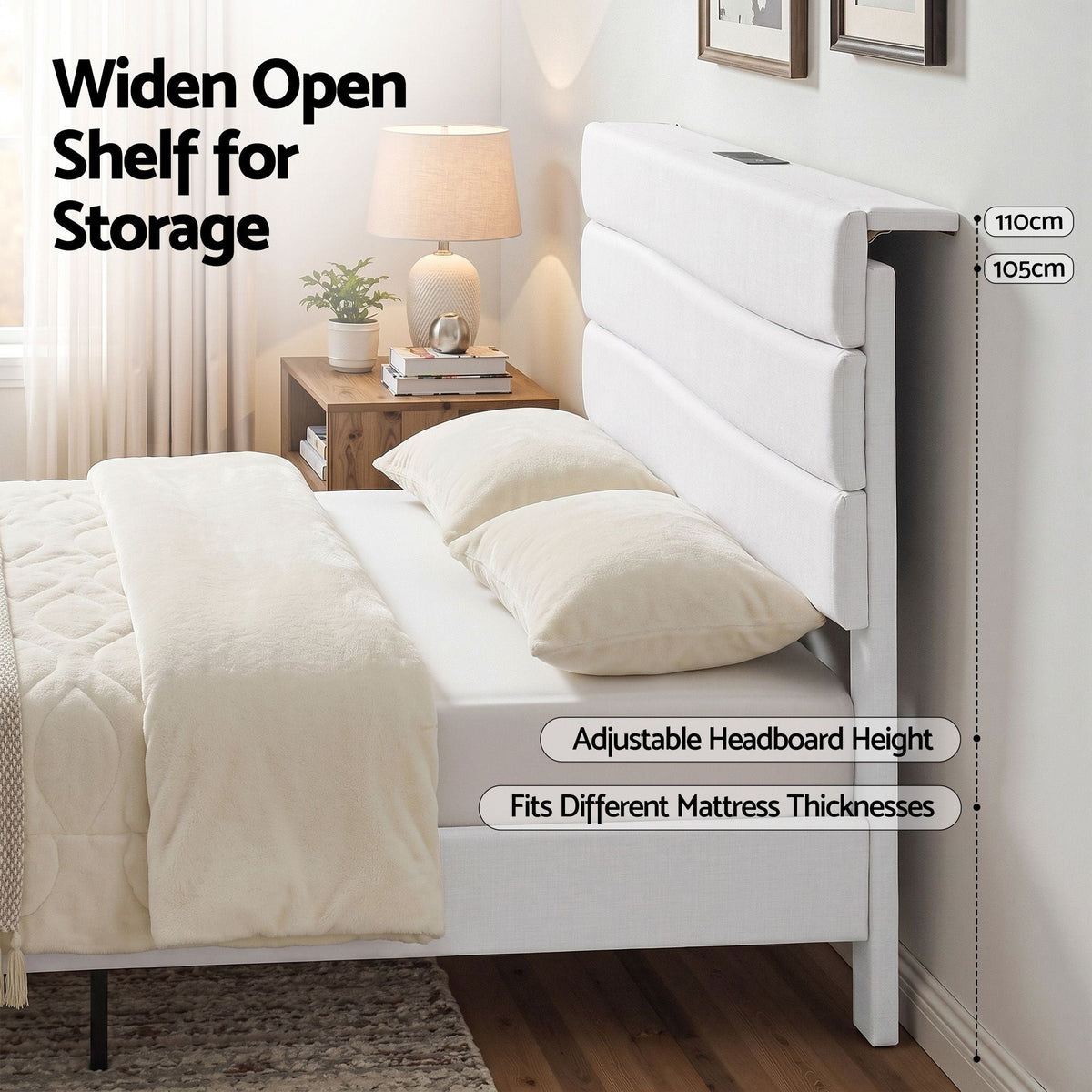 Double Bed Frame with Adjustable Linen Headboard, Platform Base & Charging Ports - Furniture > Bedroom > Beds & Bed Frames - Rivercity House & Home Co. (ABN 18 642 972 209) - Affordable Modern Furniture Australia