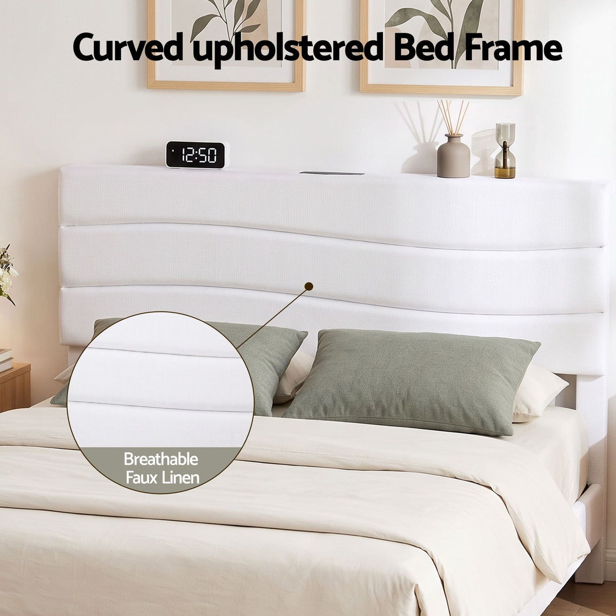 Double Bed Frame with Adjustable Linen Headboard, Platform Base & Charging Ports - Furniture > Bedroom > Beds & Bed Frames - Rivercity House & Home Co. (ABN 18 642 972 209) - Affordable Modern Furniture Australia