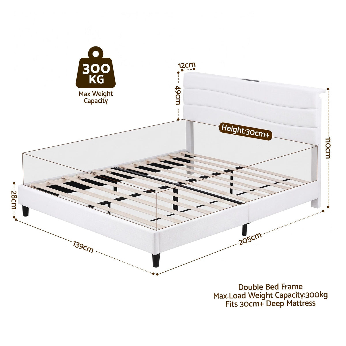 Double Bed Frame with Adjustable Linen Headboard, Platform Base & Charging Ports - Furniture > Bedroom > Beds & Bed Frames - Rivercity House & Home Co. (ABN 18 642 972 209) - Affordable Modern Furniture Australia