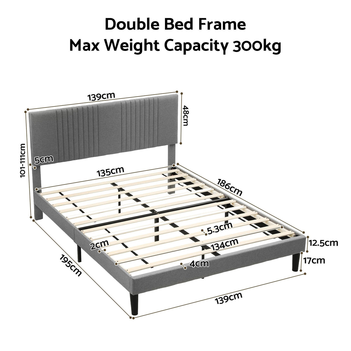 Double Bed Frame with Adjustable Upholstered Headboard, 300kg Capacity - Grey - Furniture > Bedroom > Beds & Bed Frames - Rivercity House & Home Co. (ABN 18 642 972 209) - Affordable Modern Furniture Australia