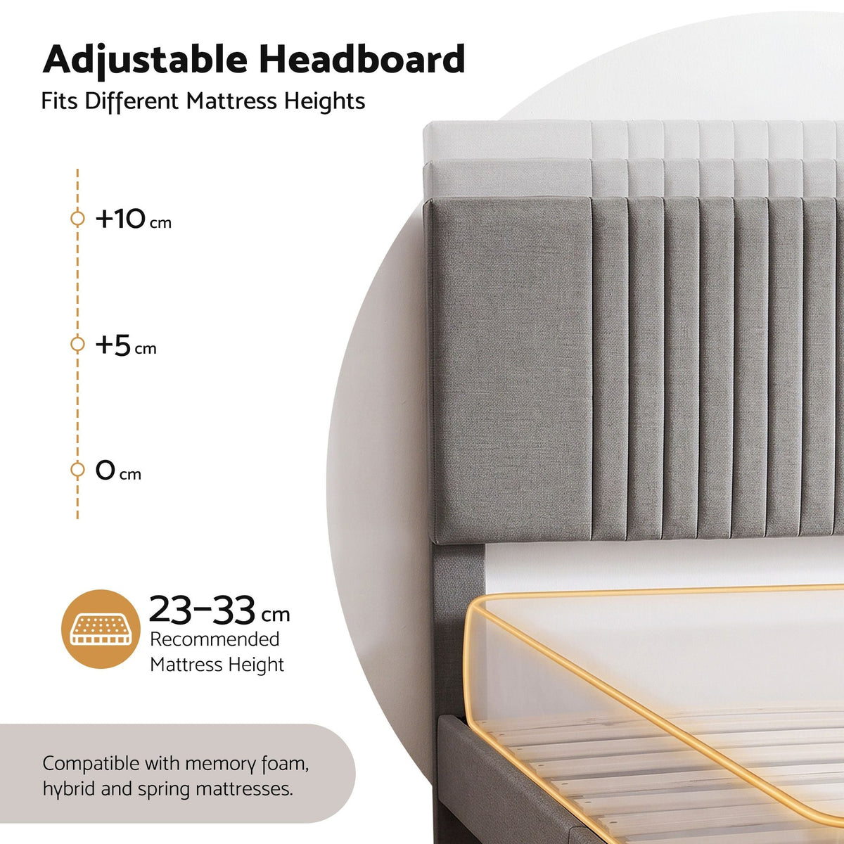 Double Bed Frame with Adjustable Upholstered Headboard, 300kg Capacity - Grey - Furniture > Bedroom > Beds & Bed Frames - Rivercity House & Home Co. (ABN 18 642 972 209) - Affordable Modern Furniture Australia