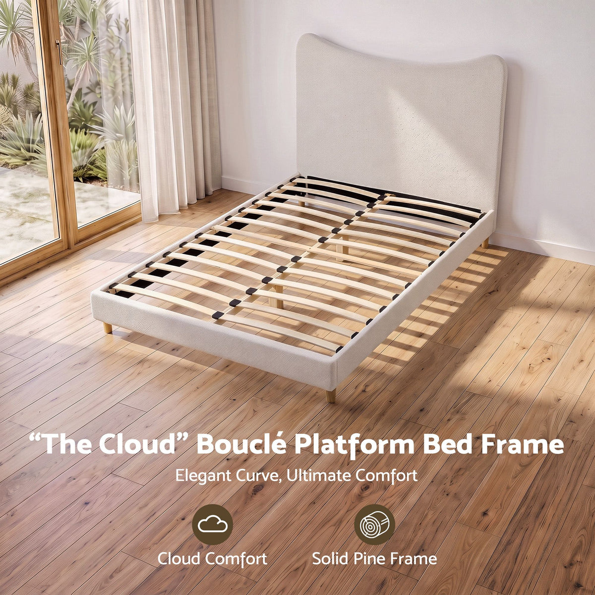 Double Bed Frame with Boucle Upholstered Curved Headboard, 300kg Capacity - Beige - Furniture > Bedroom > Beds & Bed Frames - Rivercity House & Home Co. (ABN 18 642 972 209) - Affordable Modern Furniture Australia
