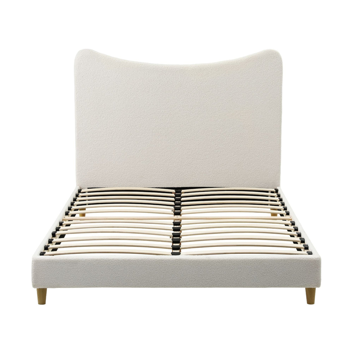 Double Bed Frame with Boucle Upholstered Curved Headboard, 300kg Capacity - Beige - Furniture > Bedroom > Beds & Bed Frames - Rivercity House & Home Co. (ABN 18 642 972 209) - Affordable Modern Furniture Australia