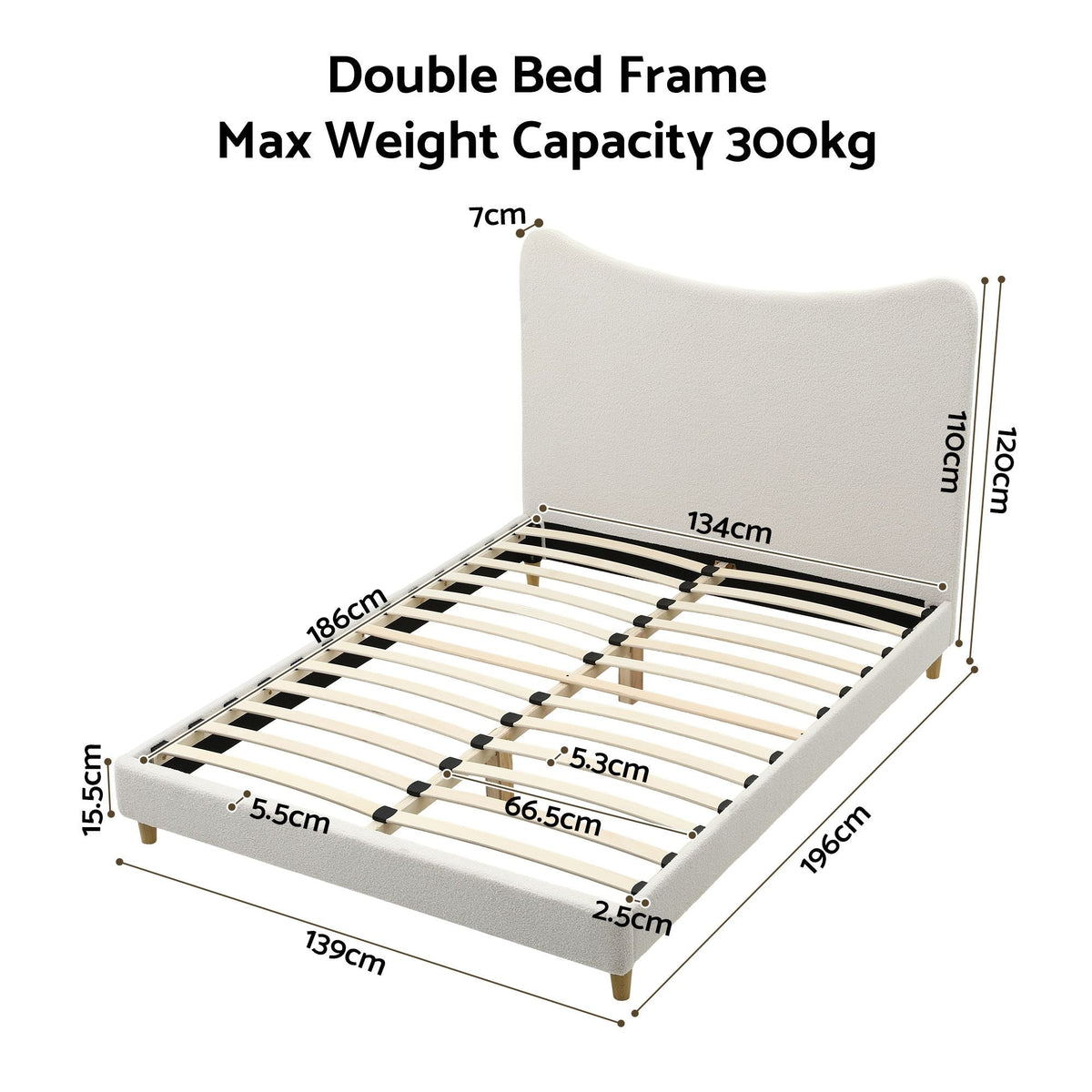 Double Bed Frame with Boucle Upholstered Curved Headboard, 300kg Capacity - Beige - Furniture > Bedroom > Beds & Bed Frames - Rivercity House & Home Co. (ABN 18 642 972 209) - Affordable Modern Furniture Australia