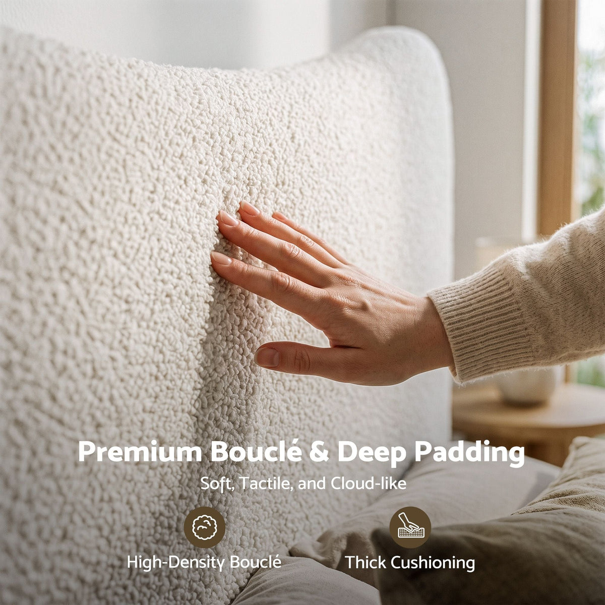 Double Bed Frame with Boucle Upholstered Curved Headboard, 300kg Capacity - Beige - Furniture > Bedroom > Beds & Bed Frames - Rivercity House & Home Co. (ABN 18 642 972 209) - Affordable Modern Furniture Australia