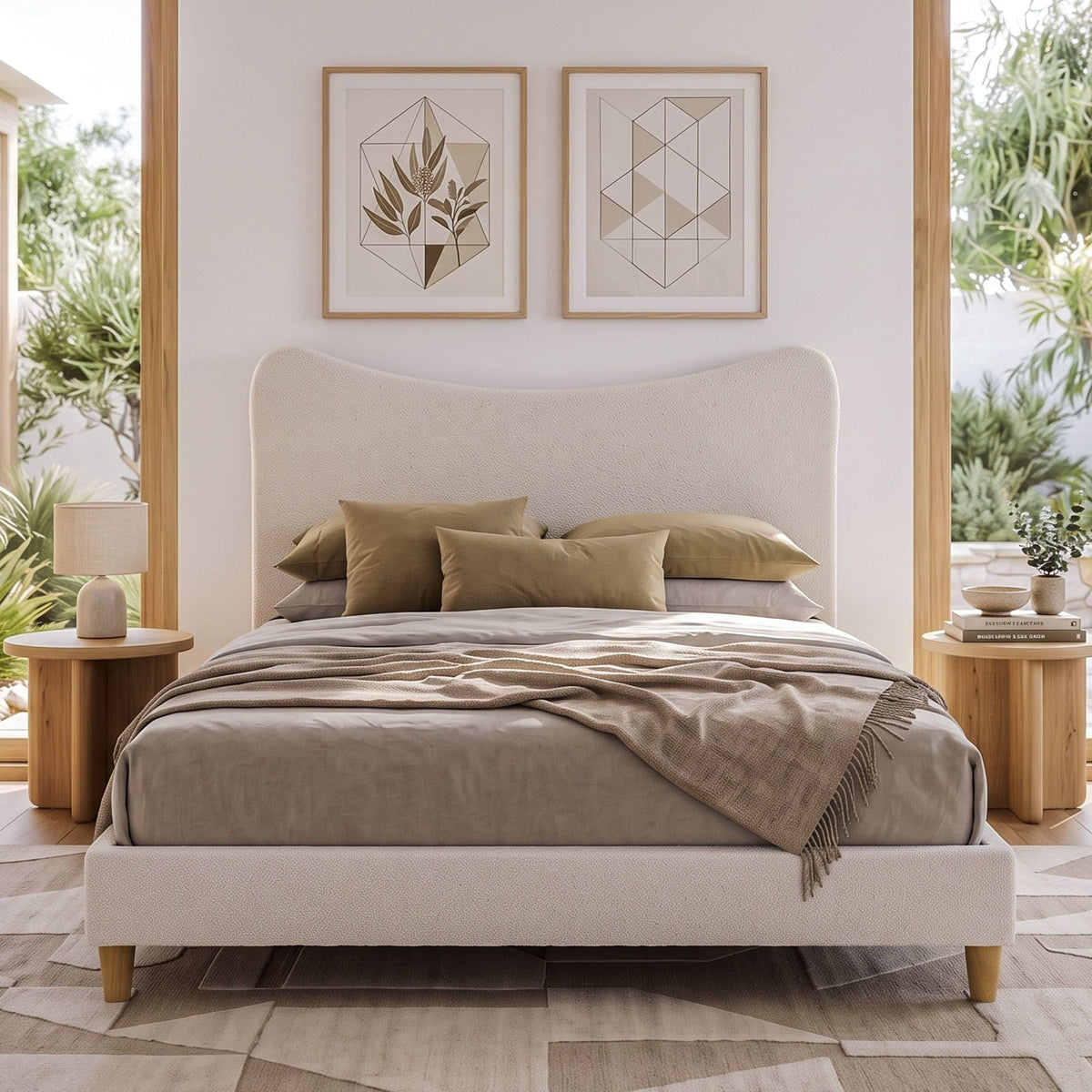 Double Bed Frame with Boucle Upholstered Curved Headboard, 300kg Capacity - Beige - Furniture > Bedroom > Beds & Bed Frames - Rivercity House & Home Co. (ABN 18 642 972 209) - Affordable Modern Furniture Australia