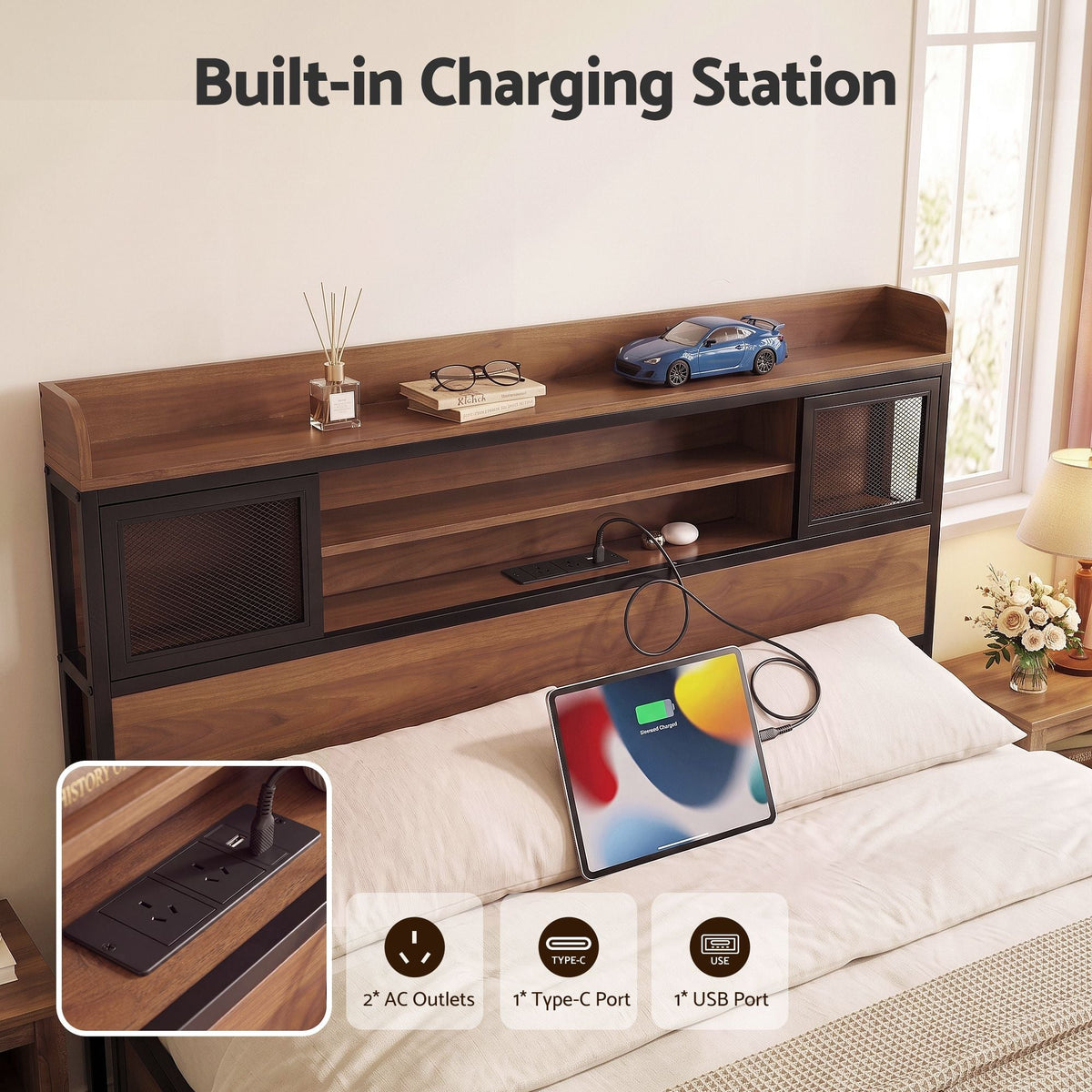Double Bed Frame with Charging Station and 4 Drawers Storage - Oak - Furniture > Bedroom > Beds & Bed Frames - Rivercity House & Home Co. (ABN 18 642 972 209) - Affordable Modern Furniture Australia