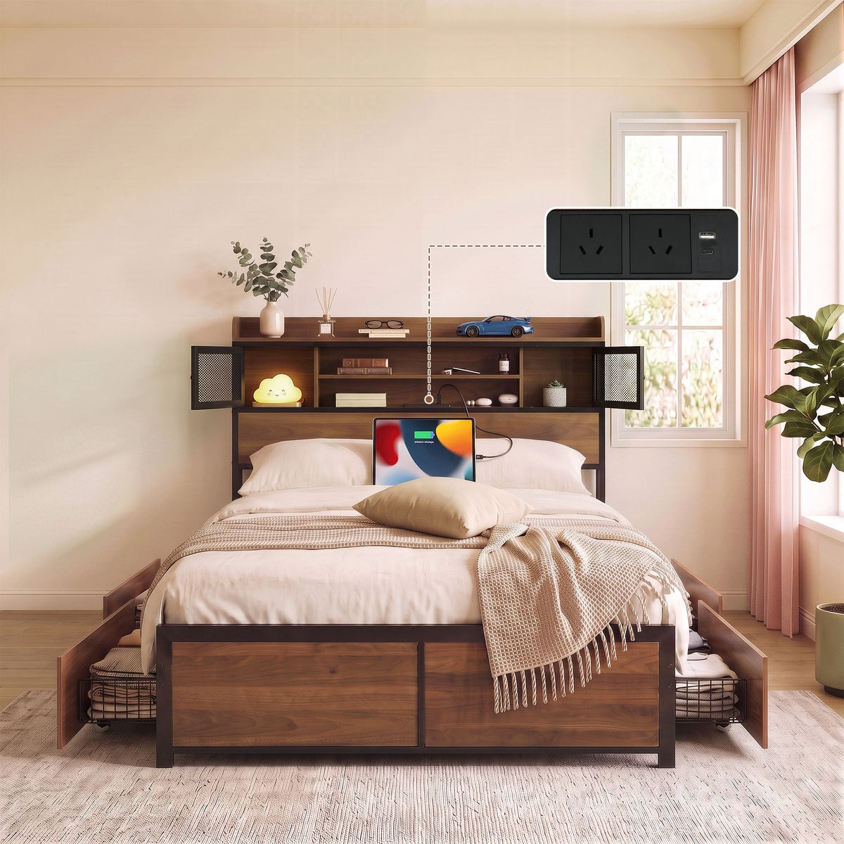 Double Bed Frame with Charging Station and 4 Drawers Storage - Oak - Furniture > Bedroom > Beds & Bed Frames - Rivercity House & Home Co. (ABN 18 642 972 209) - Affordable Modern Furniture Australia