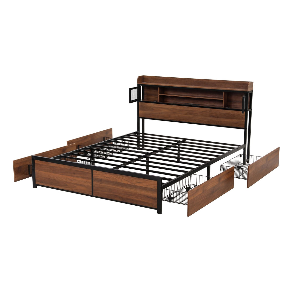 Double Bed Frame with Charging Station and 4 Drawers Storage - Oak - Furniture > Bedroom > Beds & Bed Frames - Rivercity House & Home Co. (ABN 18 642 972 209) - Affordable Modern Furniture Australia