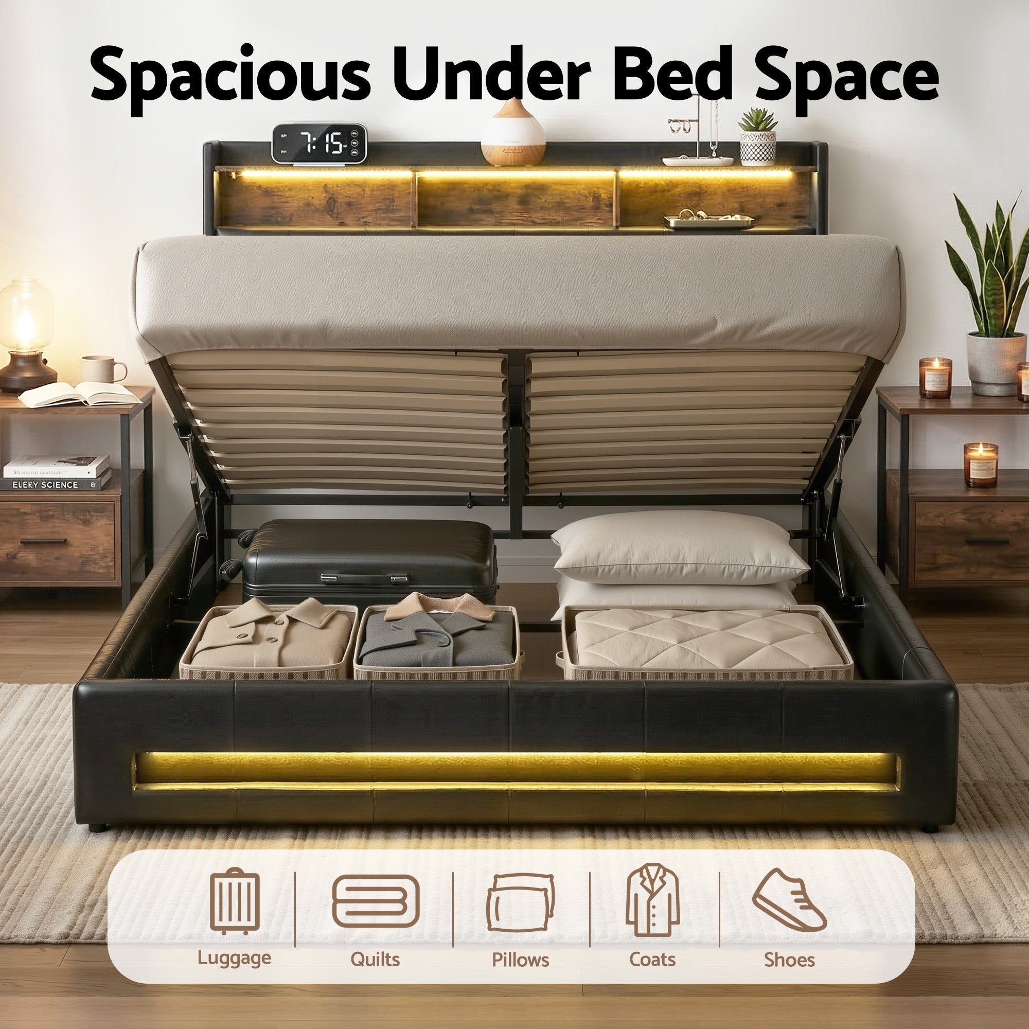 Double Bed Frame with Gas Lift Storage LED Lights Charging Station Headboard with Open Shelf - Furniture > Bedroom > Beds & Bed Frames - Rivercity House & Home Co. (ABN 18 642 972 209) - Affordable Modern Furniture Australia